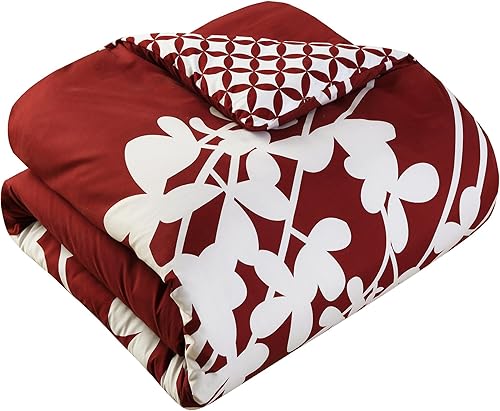 Miniatura 6 de Chic Home Juego de 7 piezas de diseño floral de iris a gran escala impreso con patrón de diamantes, edredón Queen, rojo