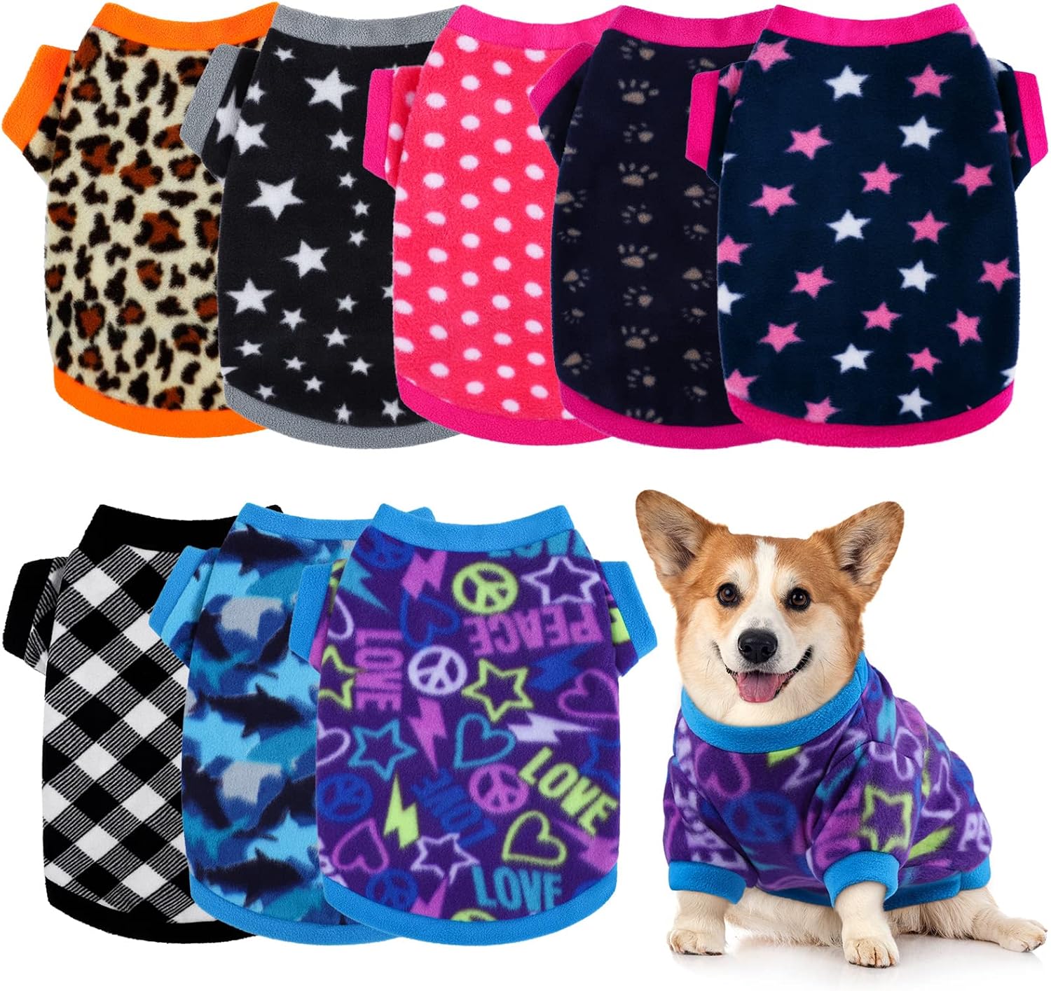 Pedgot Set of 8 Dog Sweater Puppy Clothes Soft Dog Outfits Winter Pet Fleece Sweater Warm Pet Shirt with Lovely Design for Dogs and Cats, Mixed Styles, Medium Polka Dot, Leopard, Star, Plaid, Mixed Styles Medium