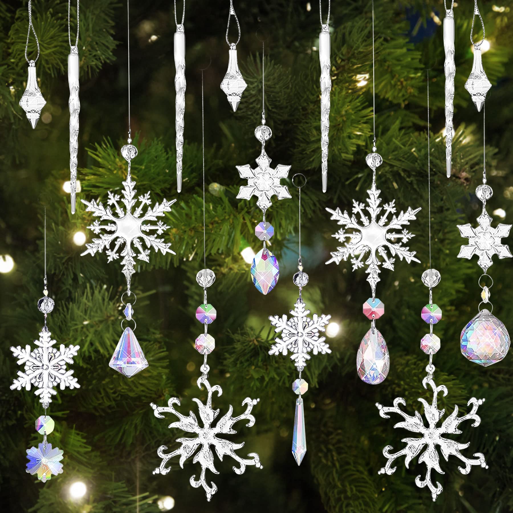 12-tlg Acryl Weihnachtsbaum Schmuck Set - Eiszapfen & Schneeflocken Anhänger Für Winterdeko