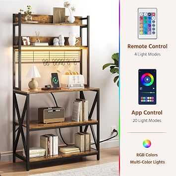 Yaheetech 5-Tier Bakers Rack with Power Outlet & LED Lights,Rustic Brown | 64 Inches Tall Microwave Oven Stand with Storage for Spices,Pots,Engineered Wood and Metal shelves,Coffee Bar Table