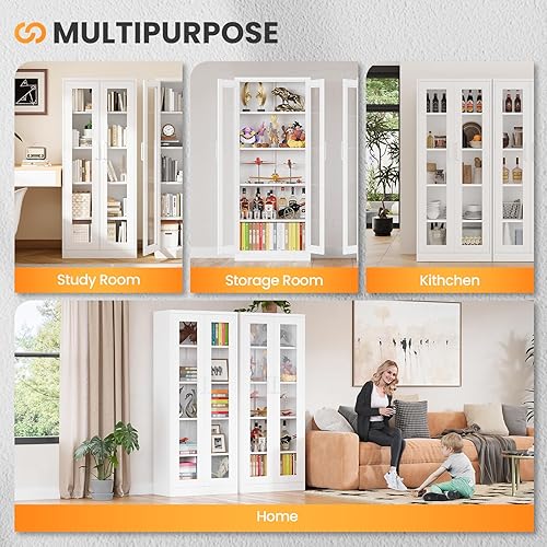 Miniatura 50 de Vitrina con cerradura con puerta de cristal, gabinetes Curio de metal de 71 pulgadas de alto con estantes ajustables, vitrina de licor blanco para