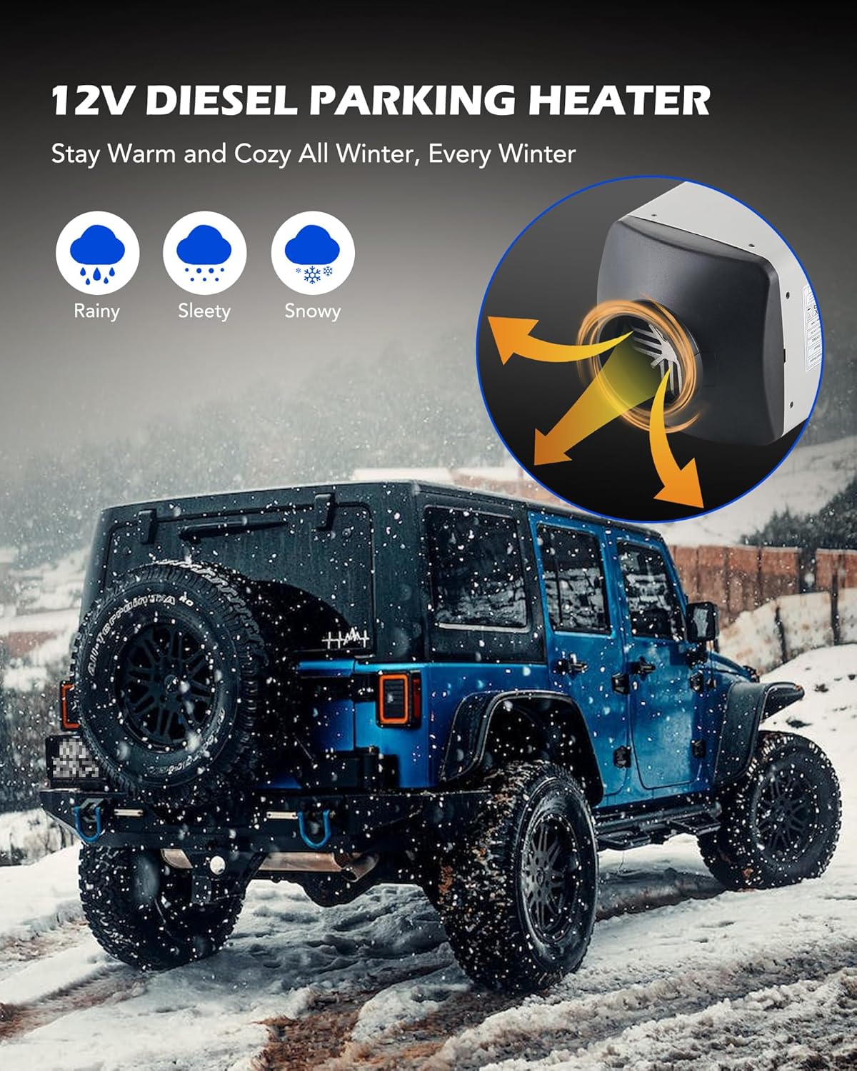 Image showing the intuitive LCD display and remote control for the diesel air heater, with buttons labeled for increase, decrease, power, and OK.