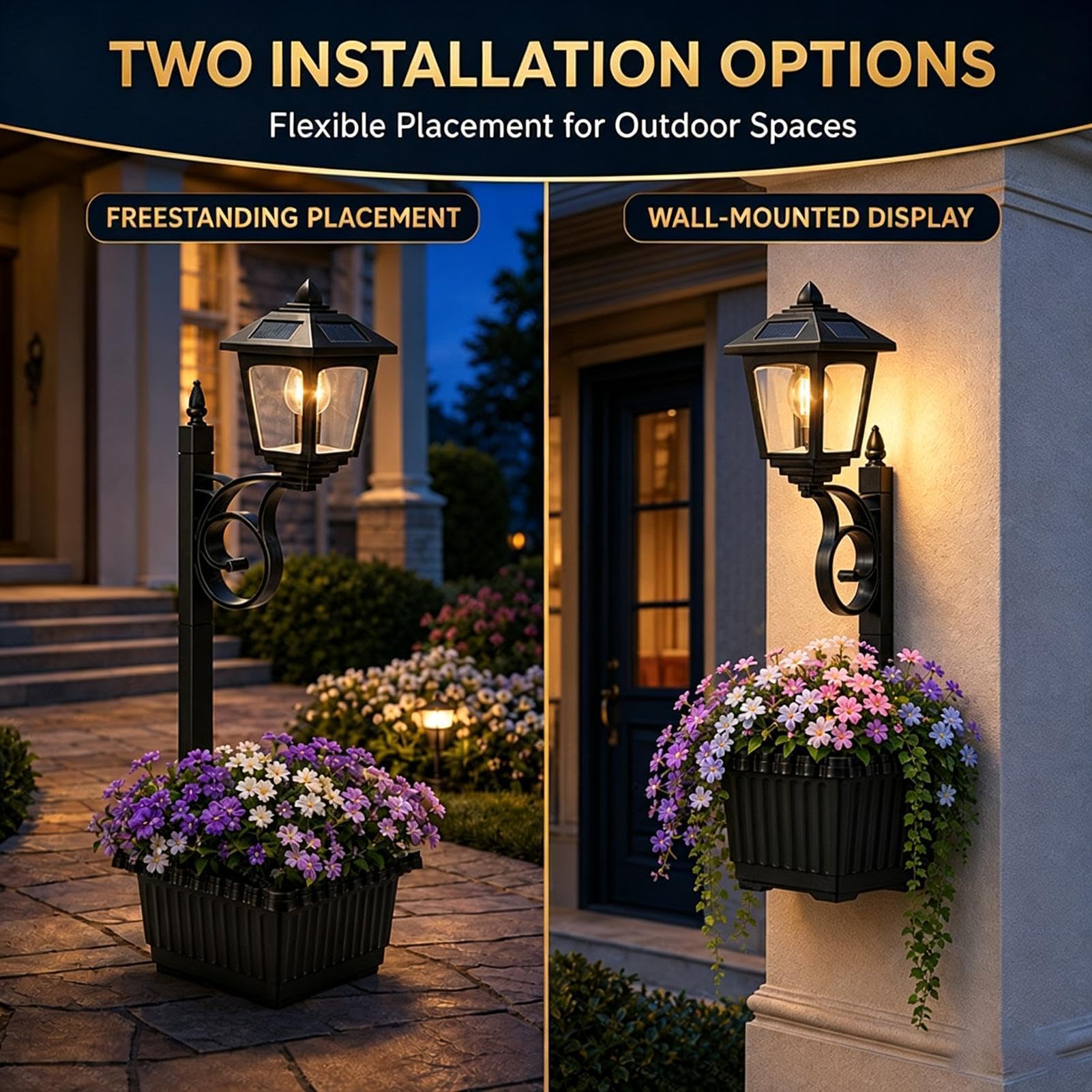 2-in-1 Outdoor Flower Pot with Solar Post Lantern Solar Lantern Planter