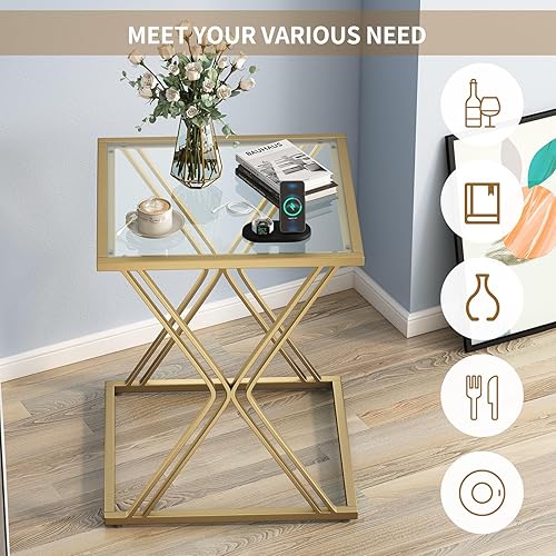 Miniatura 4 de HOMYSHOPY Mesa auxiliar de cristal para sala de estar, mesa auxiliar dorada con vidrio templado y marco de metal, mesita de noche moderna con base