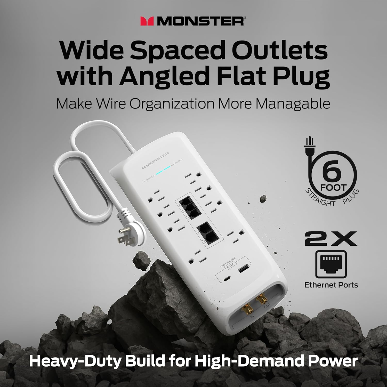 Monster Power Surge Protector w/ 4,050 Jules Rating — Heavy Duty Power Strips with Surge Protection, 8 Outlets, USB-A & USB-C, 2 Coax, 5 Ethernet Ports, Fireproof MOV, Dual Mode (6FT Cord, White)