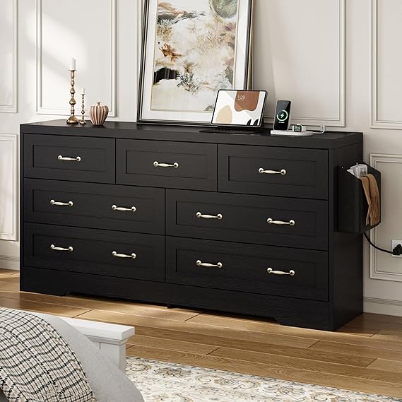 DWVO Farmhouse 7 Drawer Dresser for Bedroom, 59" Wide Large Modern Dresser TV Stand with Drawers & Bar Handles, Storage Dressers with Power Outlets, Rustic Wood Chest of Drawers, Black Upgraged