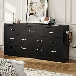DWVO Farmhouse 7 Drawer Dresser for Bedroom, 59" Wide Large Modern Dresser TV Stand with Drawers & Bar Handles, Storage Dressers with Power Outlets, Rustic Wood Chest of Drawers, Black Upgraged