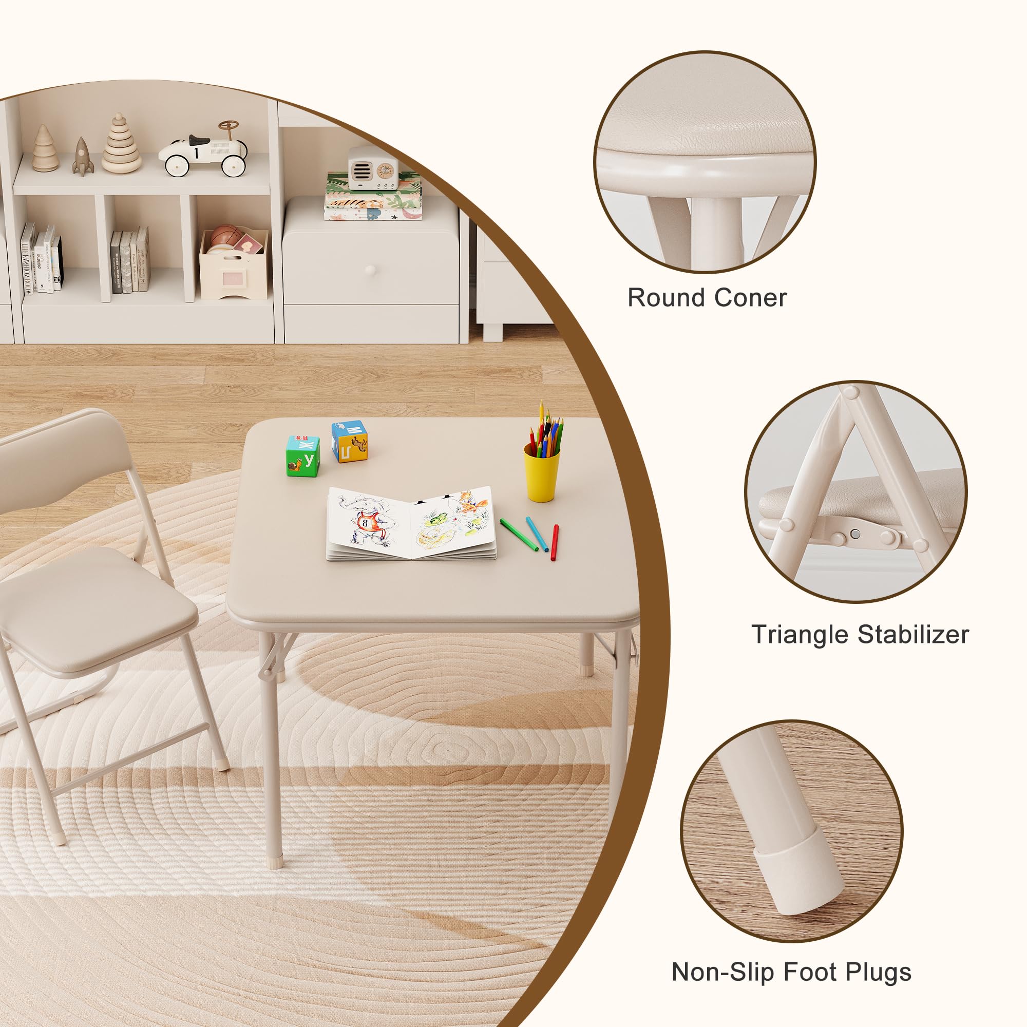 GAOMON Boys and Girls Folding Table and Chairs Set of 3, Portable Table and Chair with Pu Soft Cushion, No Installation Required, Suitable for Eating, Reading and Playing