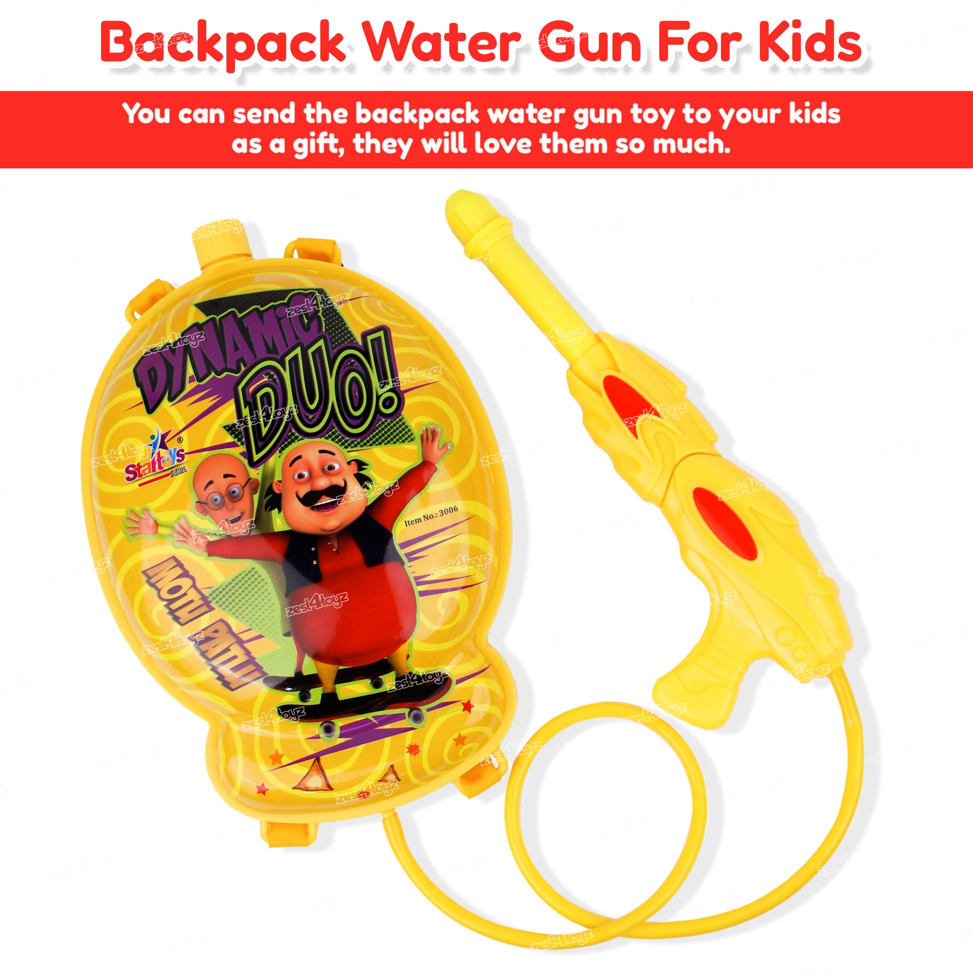 Zest 4 Toyz Holi Pichkari Water Gun for Kids Backpack Tank Holi Water Gun with 1 Pkt Holi Color and 100 Balloons for Holi Celebration - Boys and Girls (Rocket Tank) - Motu Patlu 2