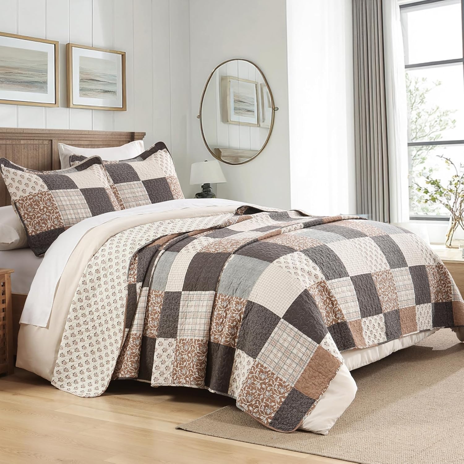 KALOOLA Plaid Quilt King Size - 100% Cotton Lightweight Quilted Bedding Set 3 Pcs, Farmhouse Botanical Bedspread with 2 Pillow Shams, Reversible Bed Coverlet for All Season, Brown/Charcoal/Gray - Image 2