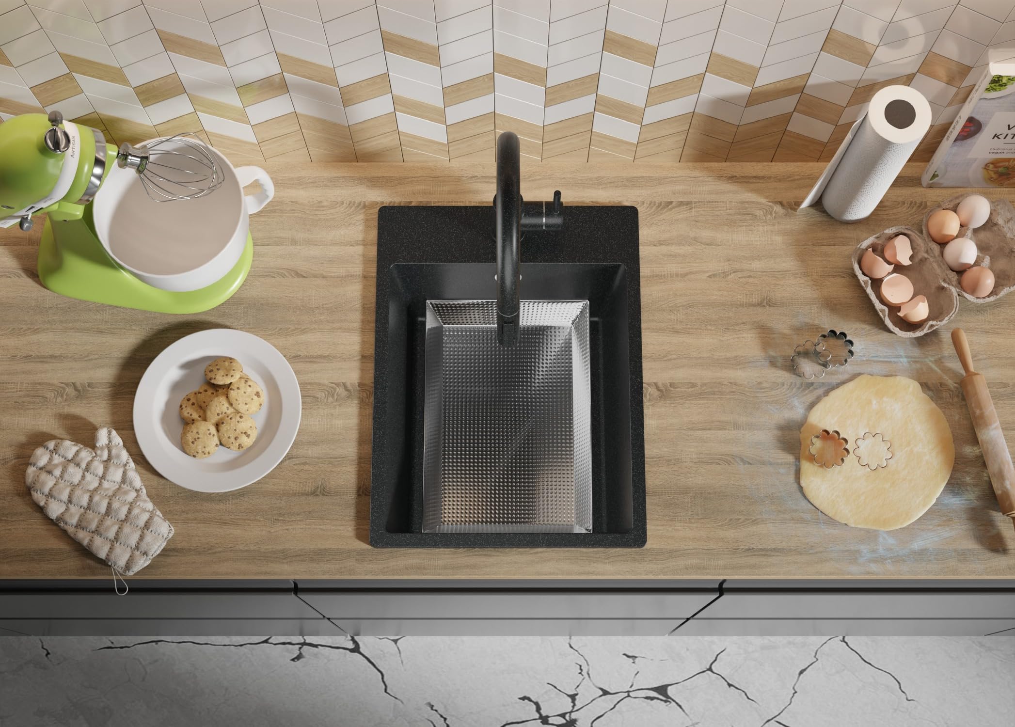 PRIMAGRAN Fregadero Cocina Grafito - Riga, 38x50cm | Granito 1 Seno + Sifón, sobre Encimera al Mueble 40cm (S037)