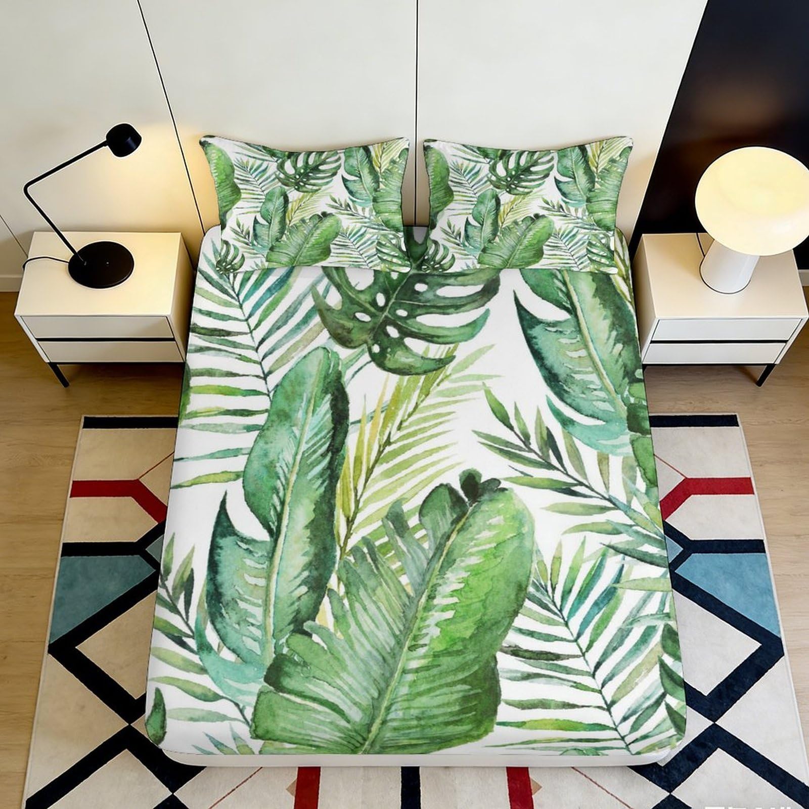 3D Printed Tropical Leaf Fitted Sheet Microfiber Soft Breathable Jungle Botanical Mattress Cover for Bedroom Guest Room Decor 140x200x25cm