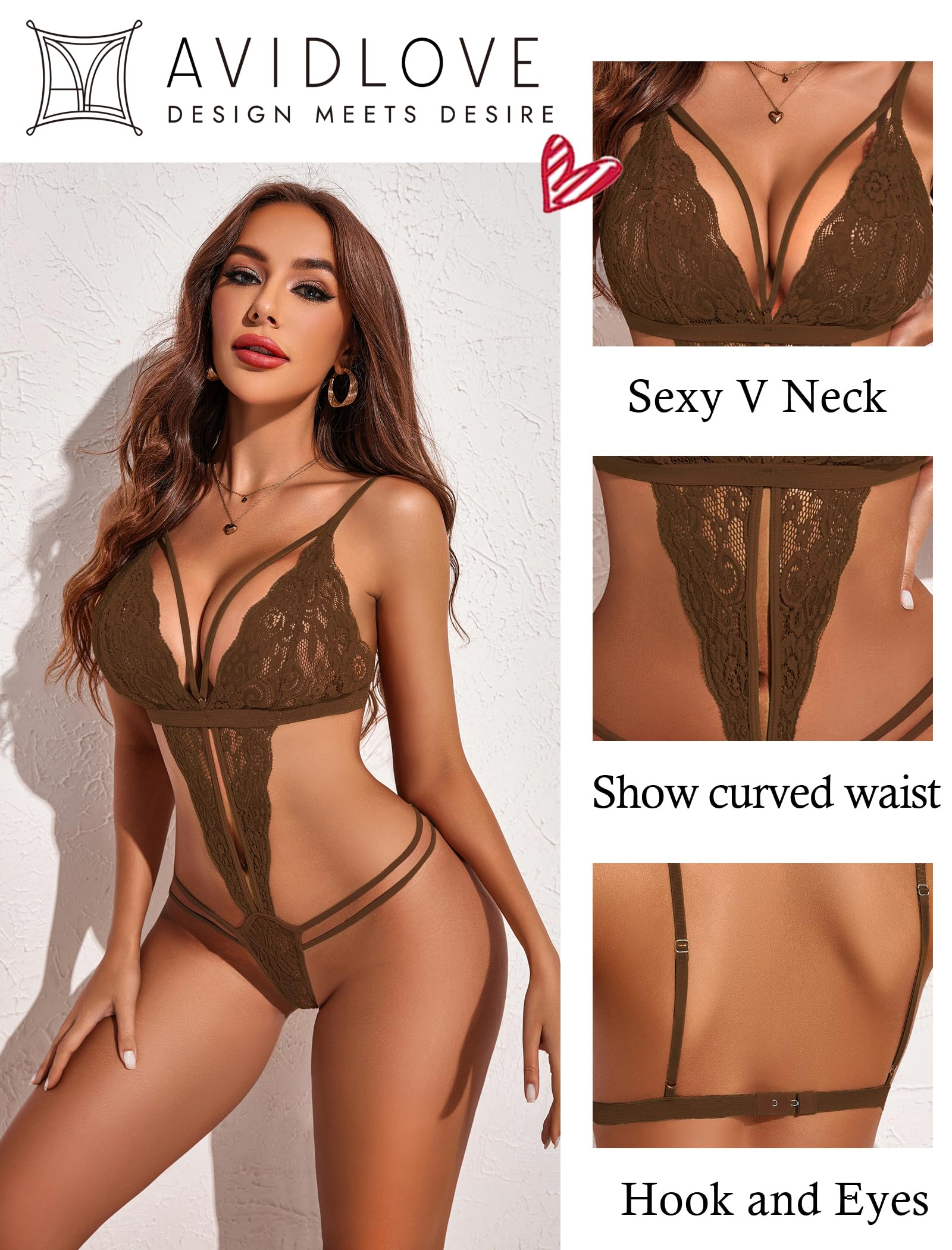Avidlove Women One Piece Lingerie Deep V Lace Bodysuit Babydoll Teddy Underwear