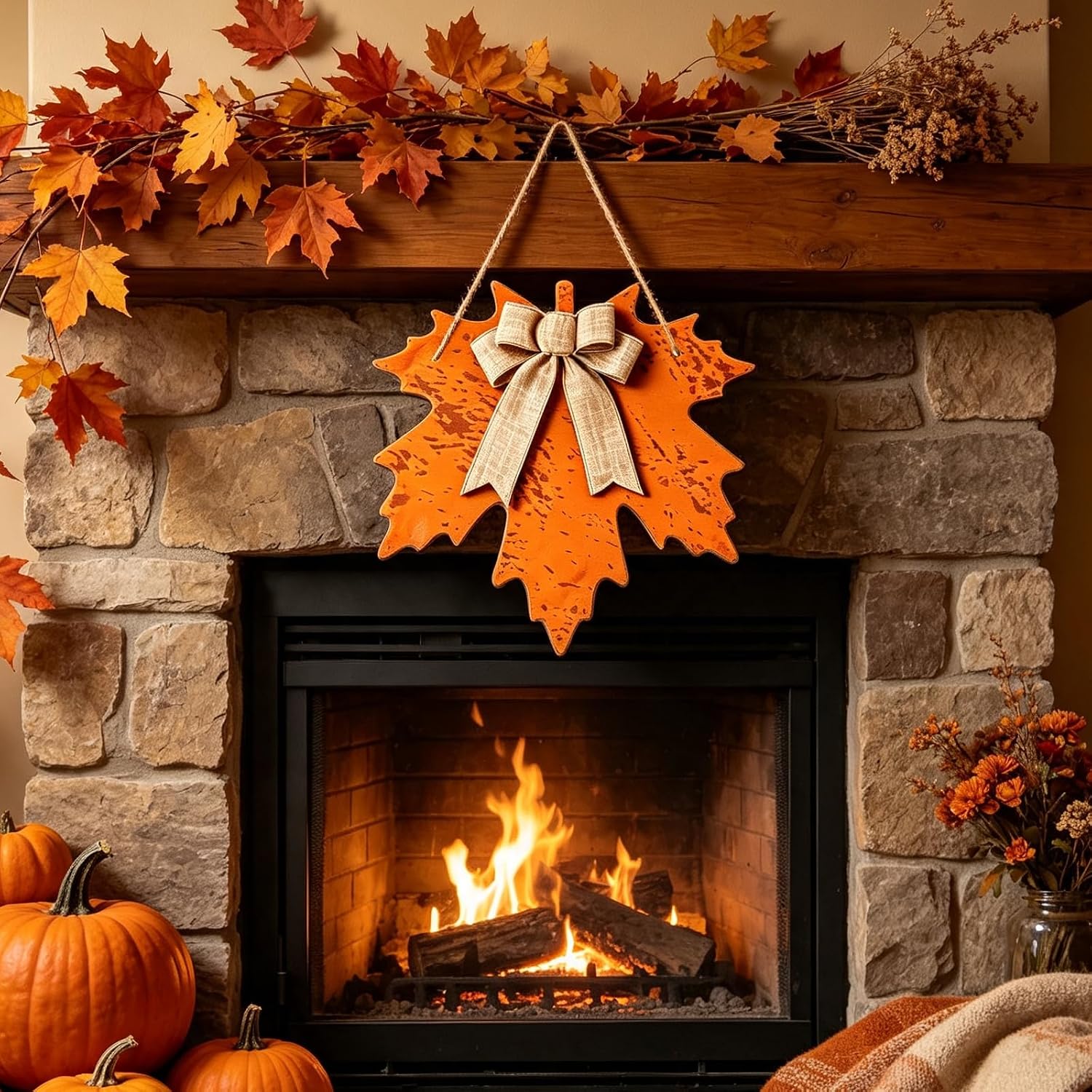 Fall Wreaths for Front Door 12 Inch Wooden Fall Maple Leaf Door Sign Hanger with Burlap Bow Rustic Farmhouse Hanging Sign for Front Porch Harvest Thanksgiving Autumn Home Indoor Outdoor Decoration