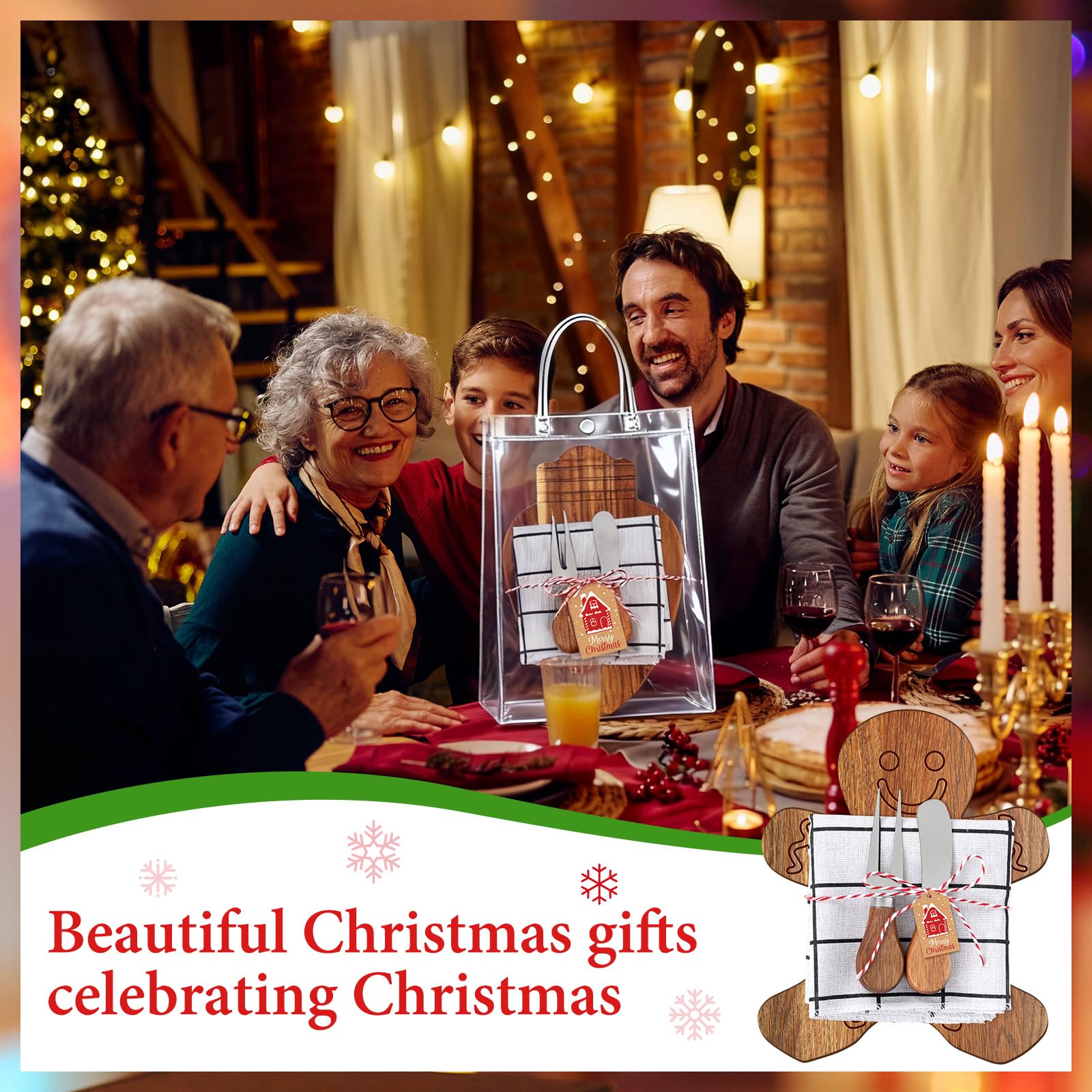 18-teiliges Set Weihnachtsgeschenke Brautdusche Gastgeschenk Weihnachten Süßigkeiten Schneeflocke Akazie Holz Schneidebrett Geschenkset Käsemesser Mini Käsebrett Weihnachtsanhänger für Winter Home