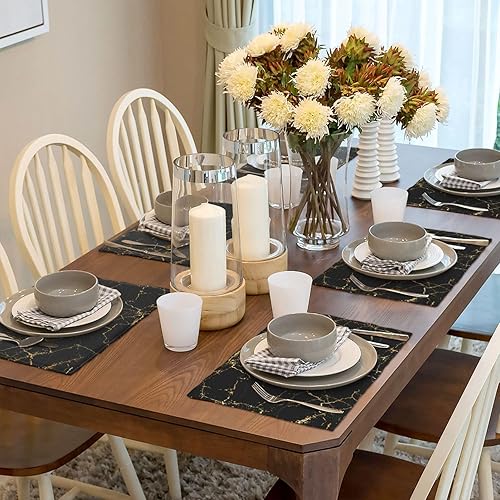 Miniatura 7 de Fiokroo Juego de 6 manteles individuales con textura de mármol negro y dorado, manteles individuales antideslizantes resistentes al calor, lavables