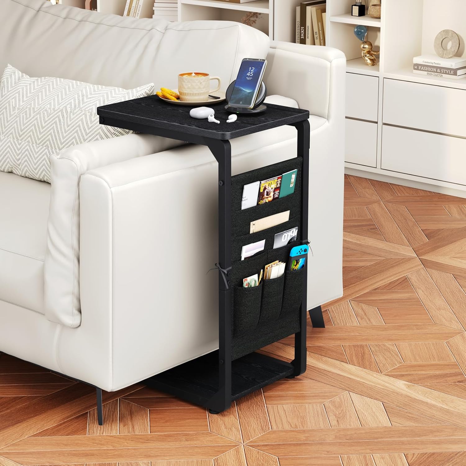 Small End Table with Storage Bag, Night Stand, Couch C Shaped Side Table, Sofa TV Tray Table, Narrow Nightstand for Bedroom, Bedside, Living Room ET-P-BK1