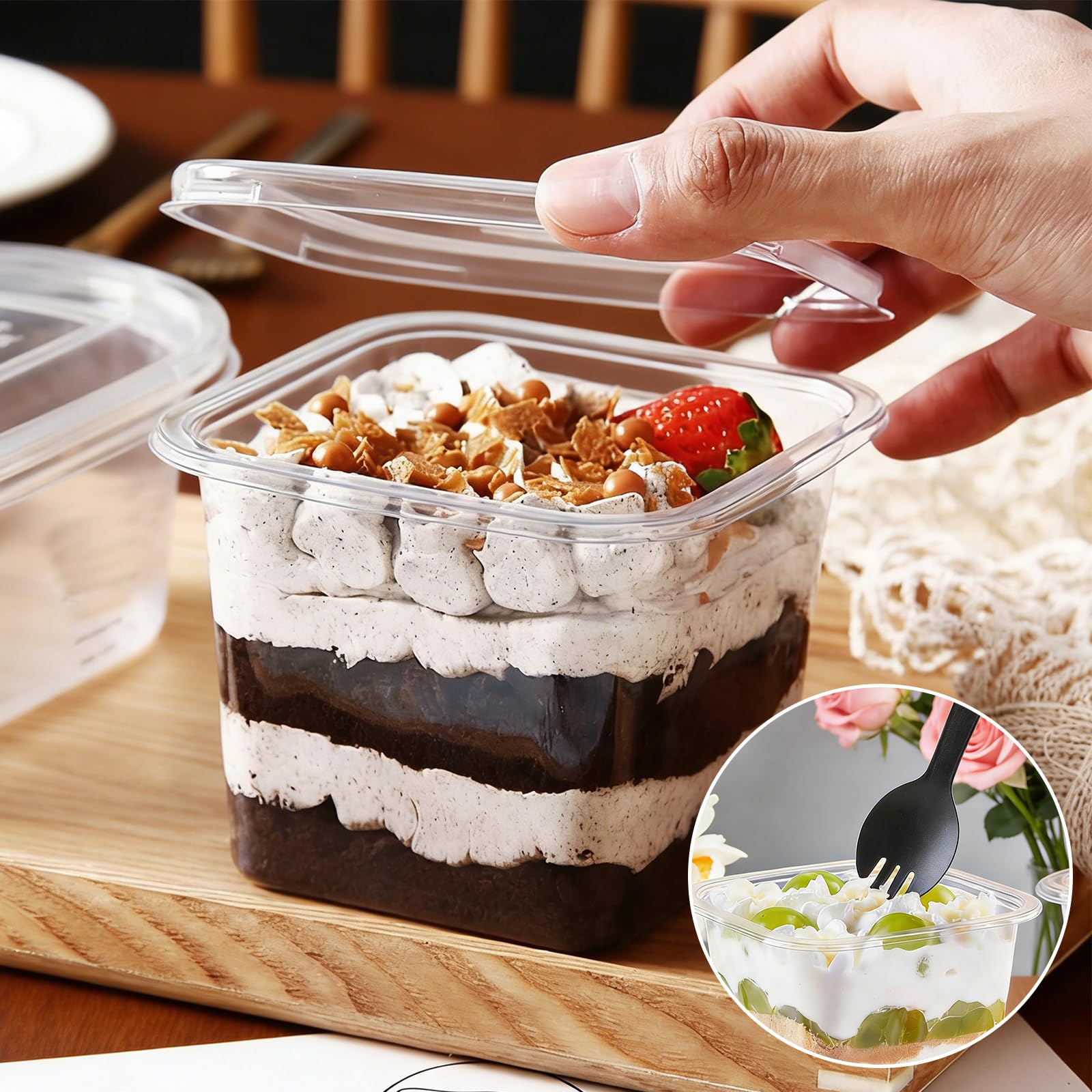50 bicchieri da dessert in plastica con coperchio, 360 ml, rettangolari, in plastica, con cucchiai, ciotole da dessert, riutilizzabili, per tiramisù, dessert, mousse