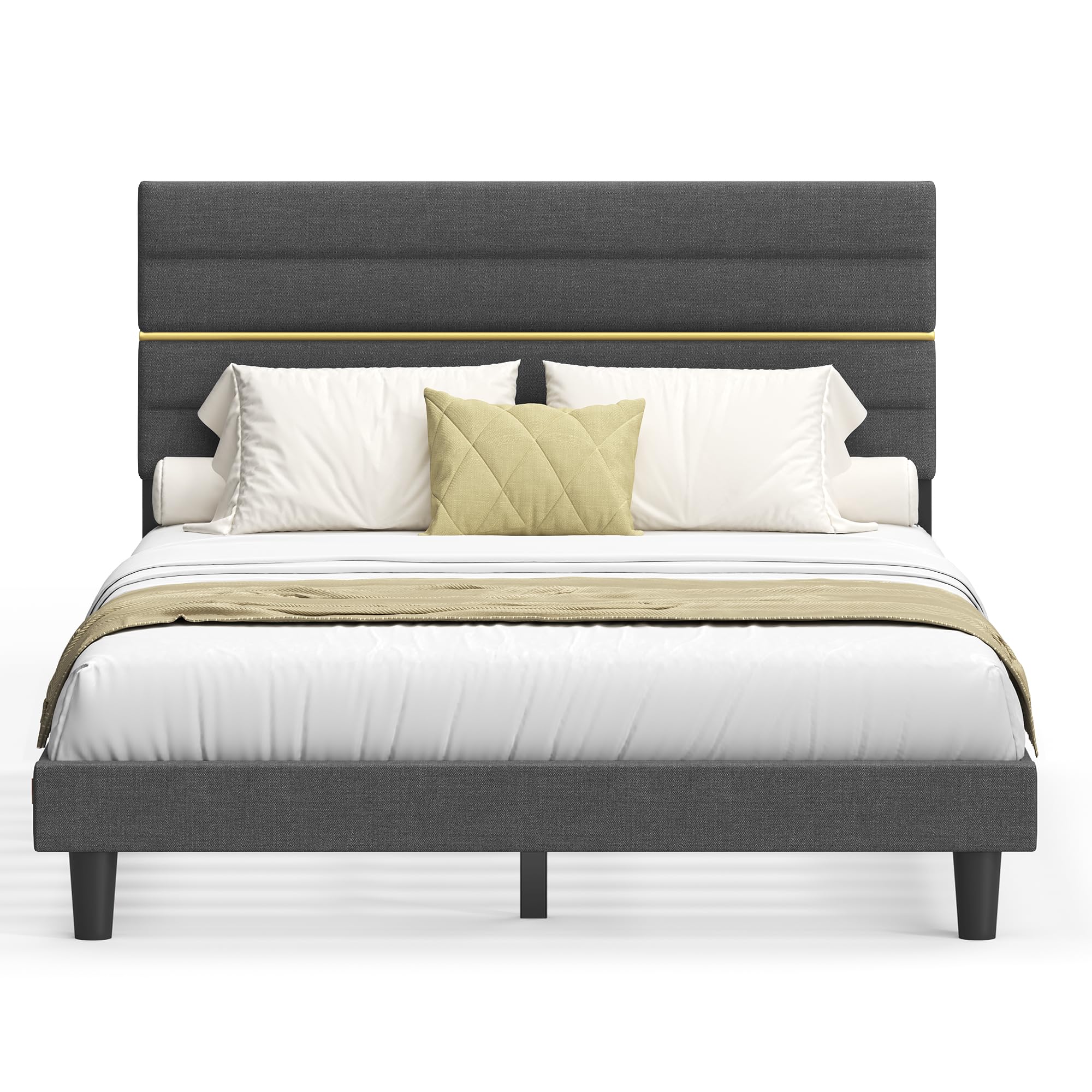 VASAGLE Doppelbett, Bettgestell, geeignet für eine Matratze von 140 x 190 cm, gepolstertes Kopfteil, verstellbar, aus Metall, Massivholz, modern, Schiefergrau RMB503G01