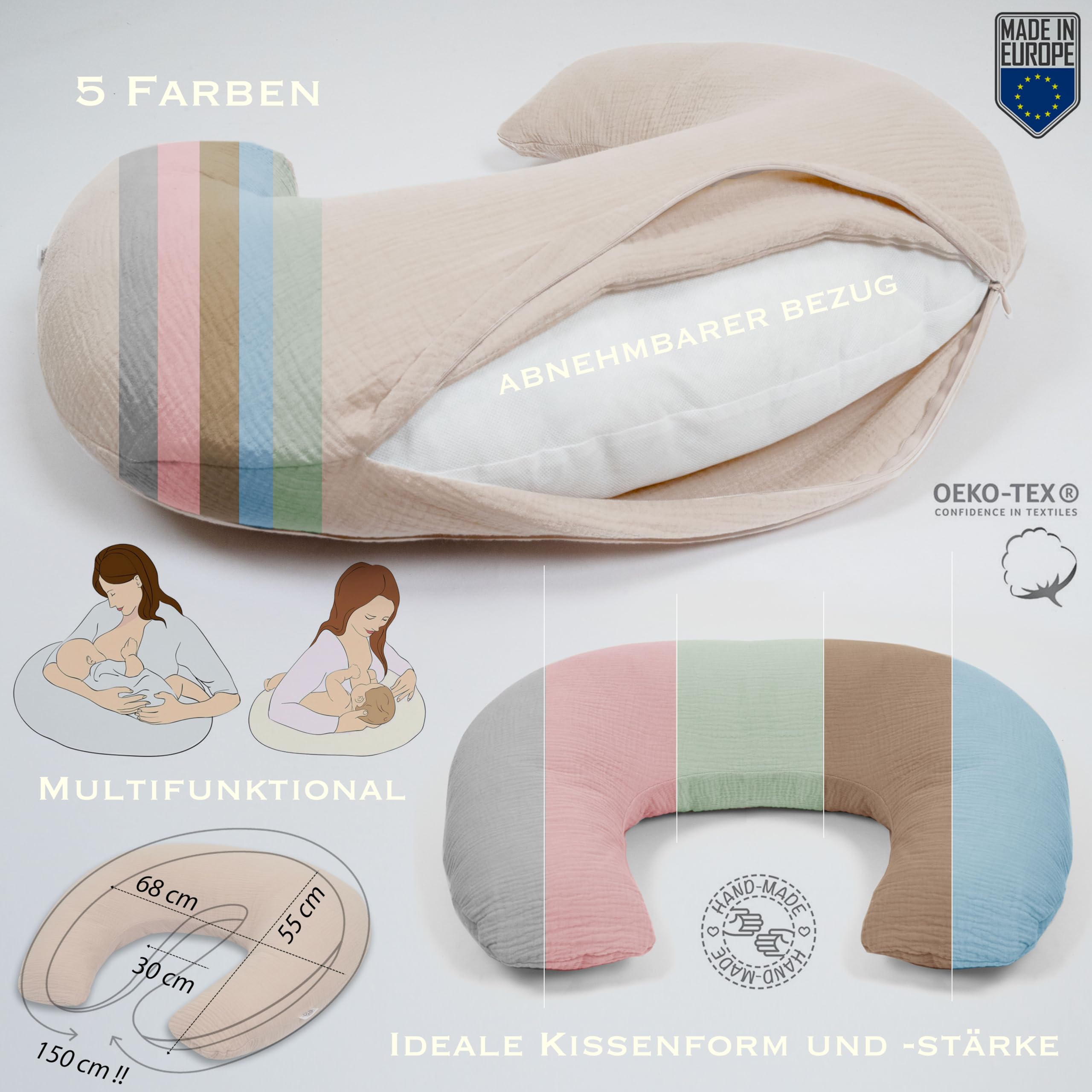 PaLulli® Musselin Stillkissen Stillkissenbezug aus 100% Musselin Baumwolle - Stillkissen für Baby, Stillhörnchen Baby, Stillkissen Atmungsaktiv & Waschbar, Stillkissen (Braun)