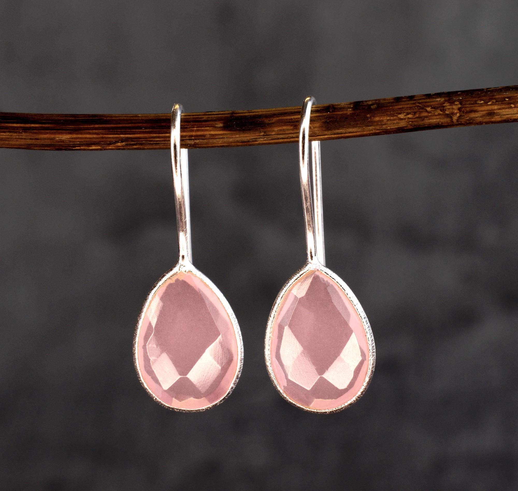 MadamLili - Ohrringe Rosenquarz Edelstein - 925 Sterling Silber - Handgefertigt - Hängende Rosa Echtsilber Ohrhänger - Exklusive Schmuckbox