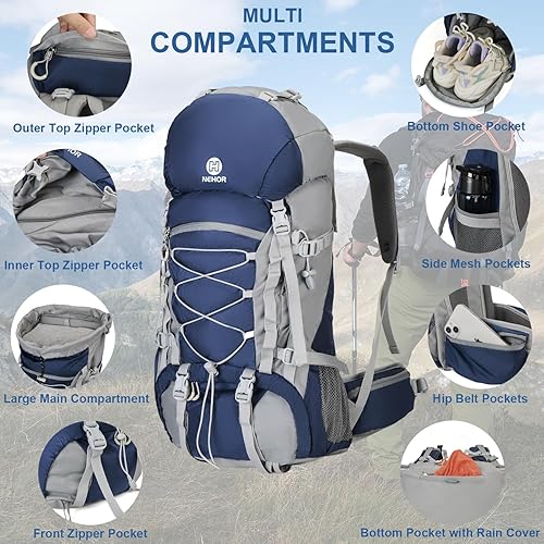 Miniatura 3 de Mochila de senderismo de 60L, mochila de camping resistente al agua con cubierta para la lluvia, mochila de senderismo grande y ligera para viajes