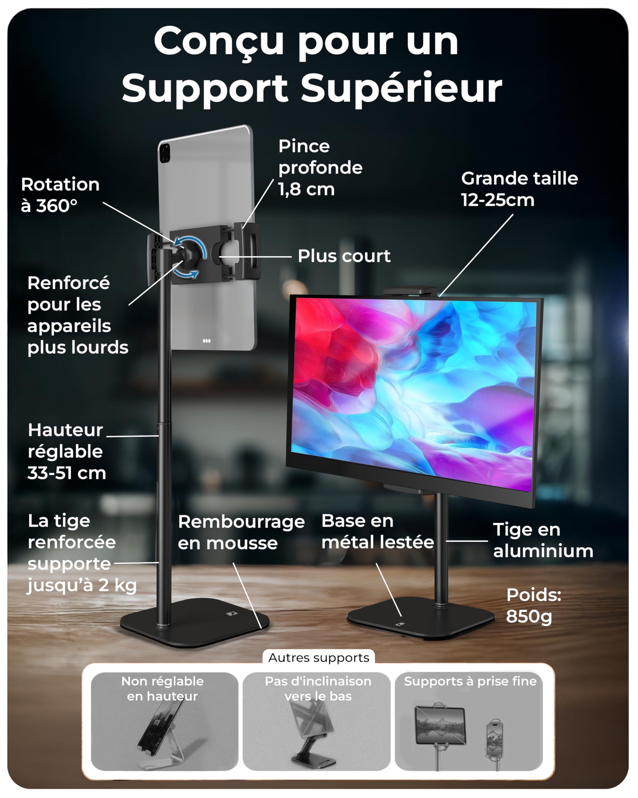 COOPER TabStand Support iPad Bureau 51 cm, Support Écran Portable jusqu'à 17" Charge 2 kg, Support Tablette Bureau, Fixation Tablette, Compatible iPad Apple, Samsung, Kindle, Fire (Noir)