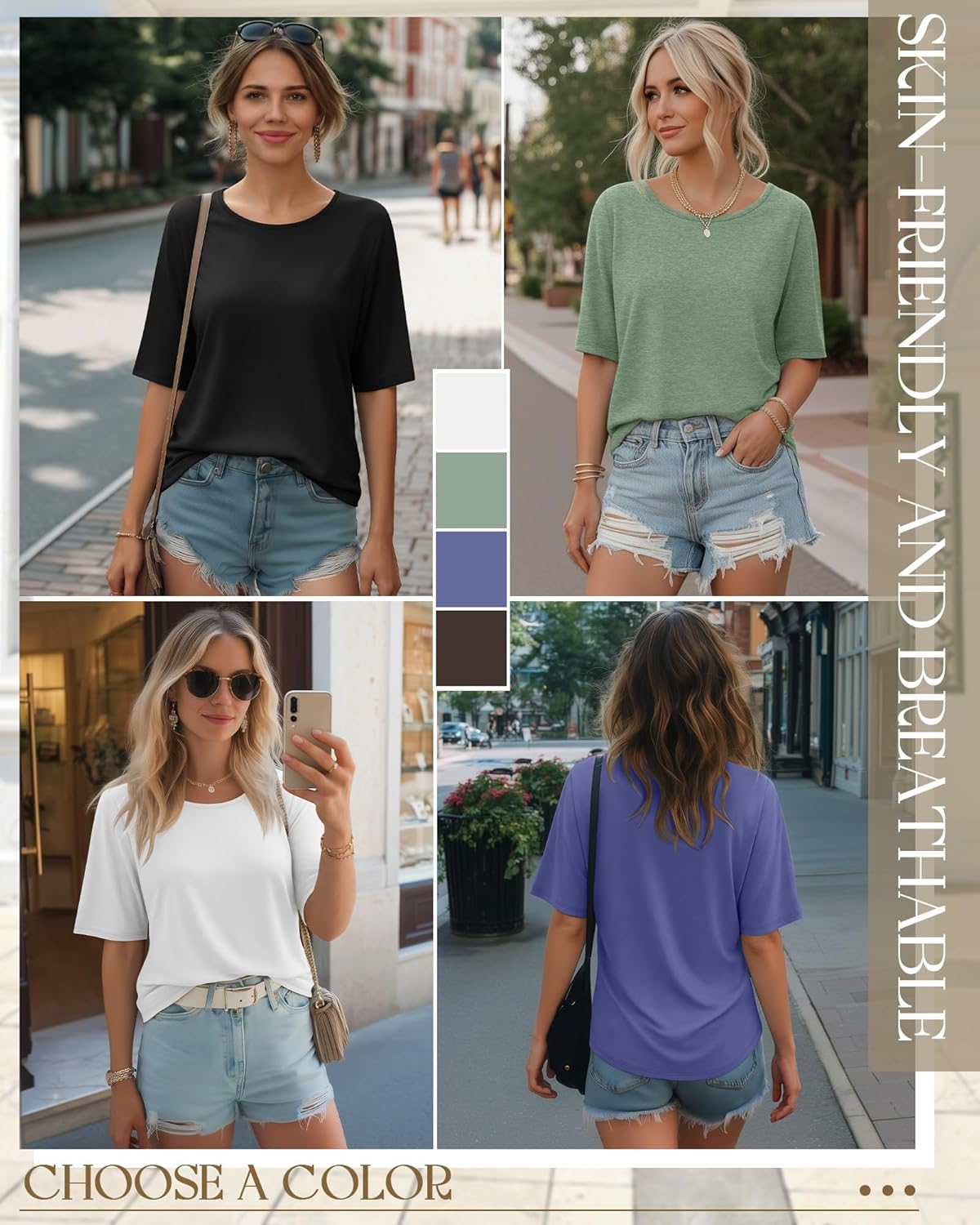 Neer 4 Pack Women's Half Sleeve Top Elbow Length T Shirt Oversized Round Neck Tee Summer Casual Tops - Image 2