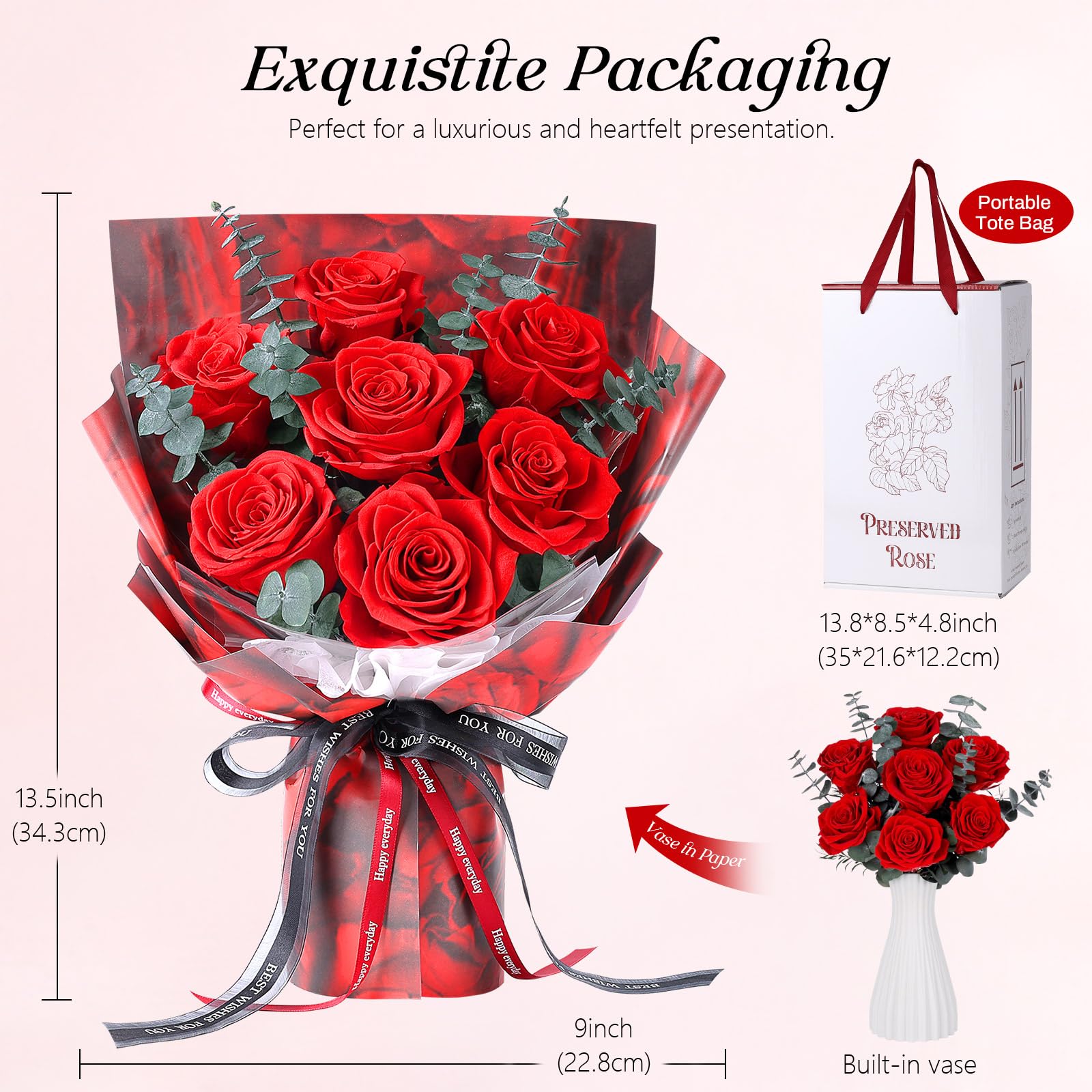 Bouquet di 7 Rose Rosse con Vaso, Rosa Stabilizzata, Fiori Eterni Conservati, Regali per Donna, Mamma, Moglie, Fidanzata, per Compleanno, Anniversario, San Valentino, Festa della Mamma