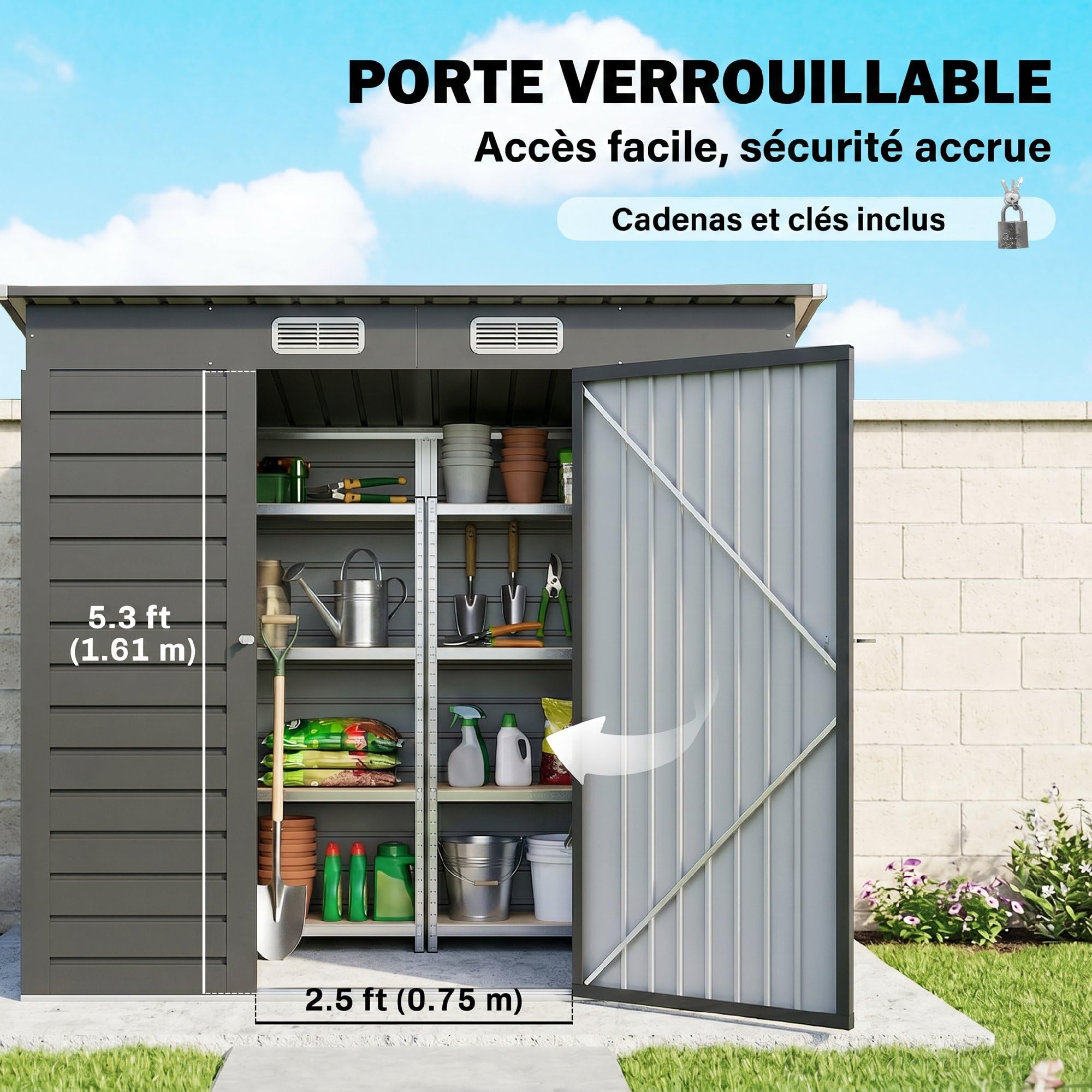 Outsunny Abri de Jardin en métal 2,5 m² Facile à Monter, cabane de Jardin 191x130x183cm Structure en Acier galvanisé améliorée, cabanon Rangement Outils Gants Portes verrouillables aérations, Gris