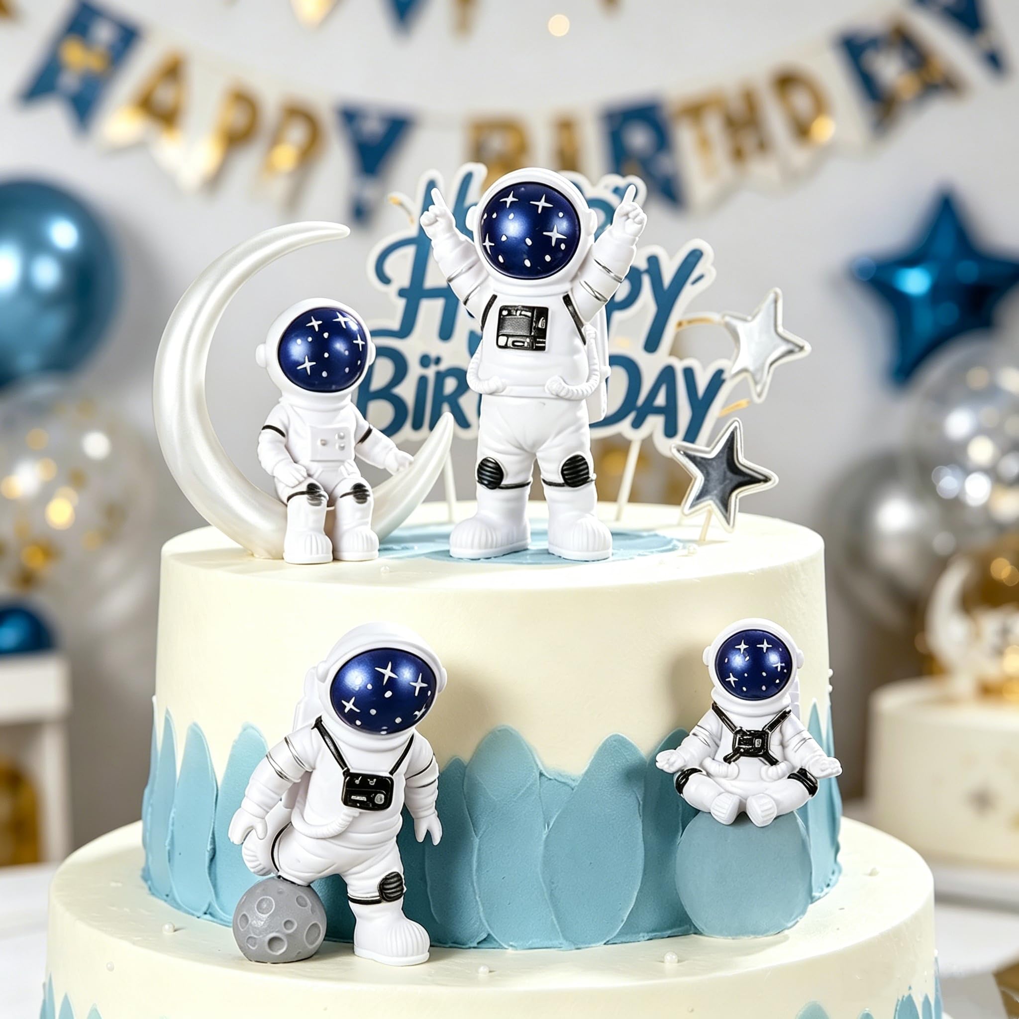 Set di 4 statue di astronauta blu e bianco, scultura astronauta spaziale, decorazione a tema spaziale, decorazione per cameretta dei bambini