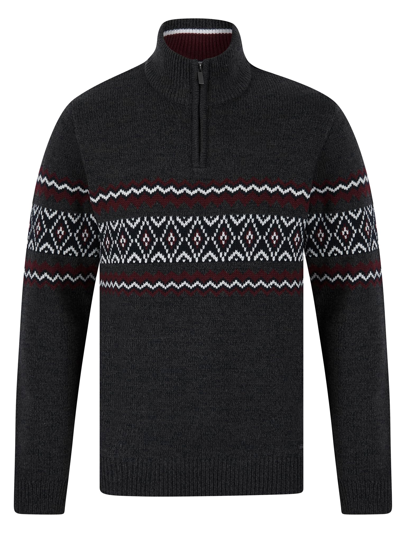 Tokyo Laundry Men's Charcoal Quarter Zip Nordic Fair Isle Knit Funnel Neck Jumper