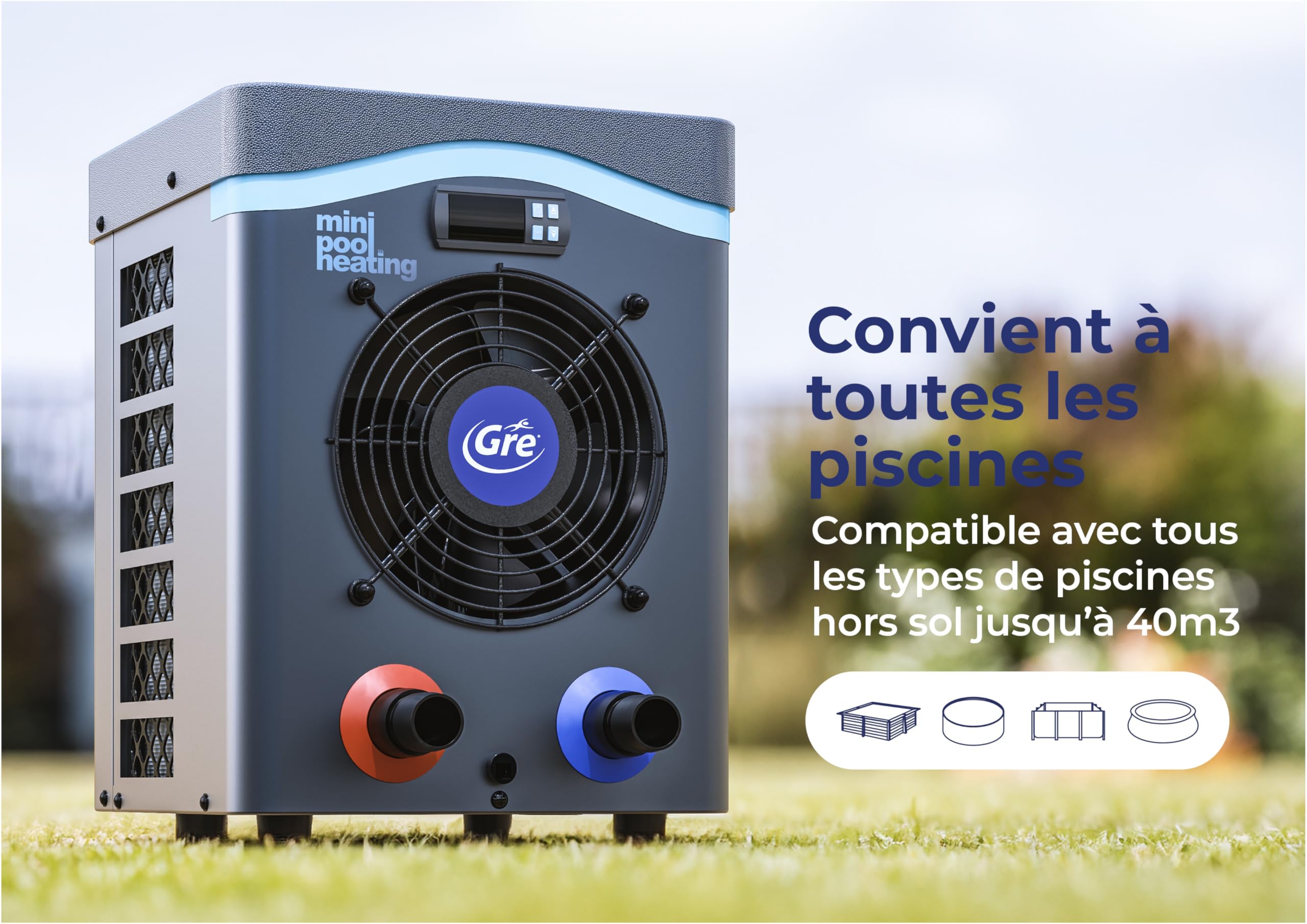 Gre HPM20 - Mini pompe à chaleur pour piscines hors-sol jusqu'à 20 m³, chauffage pour piscines hors-sol. Couleur grise