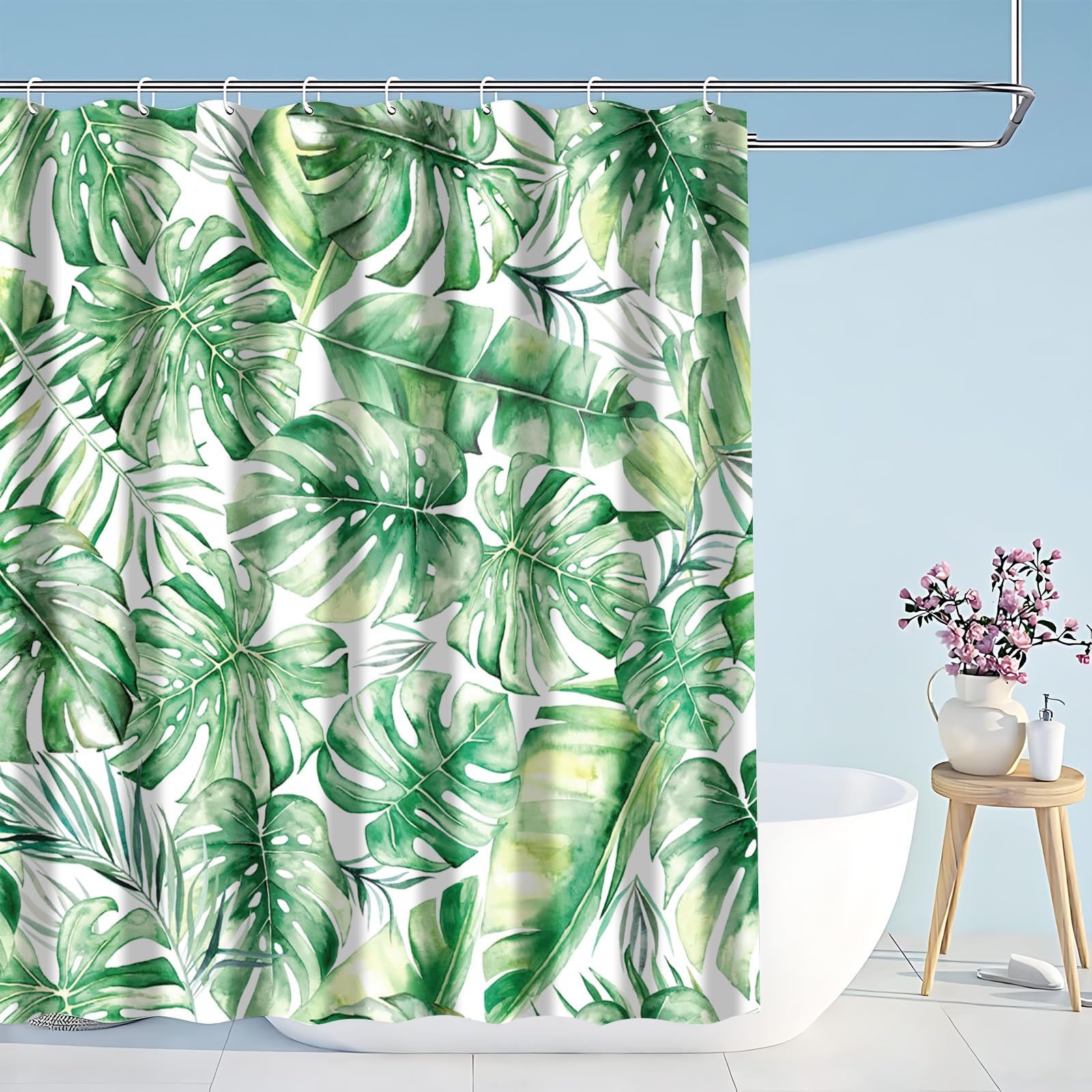 Aitsite Cortina de ducha cortina de ducha antimoho cortina de ducha para bañera cortina textil baño hoja de eucalipto lavable impermeable con 12 anillos de cortina de ducha (180 x 180 cm)