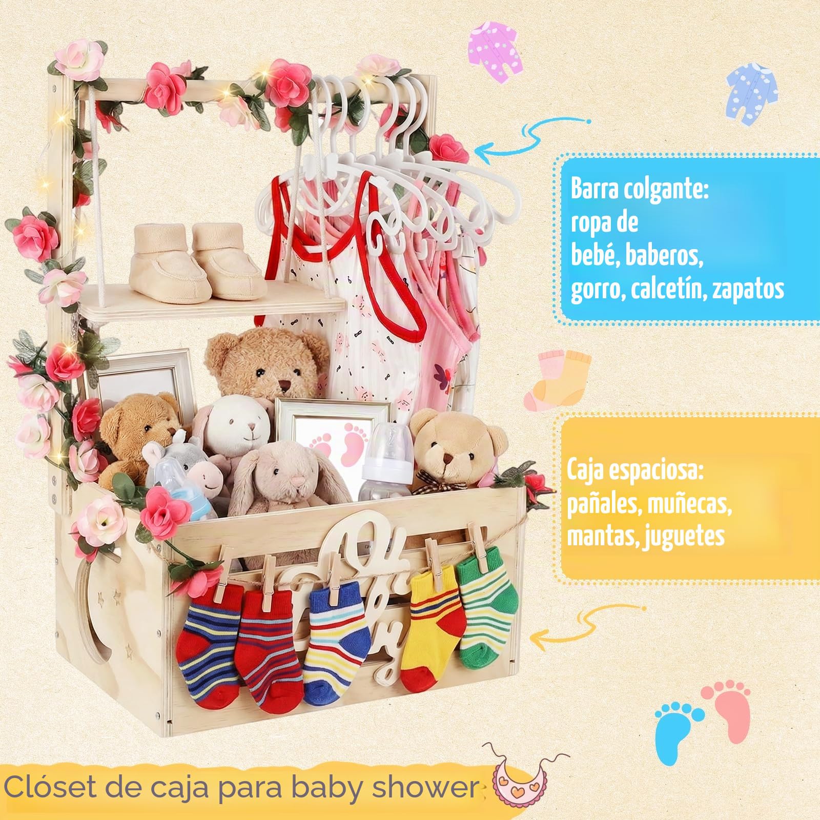 Armario de madera para baby shower, cesta de regalo personalizada para bebé con mango ajustable, incluye luces de cadena, guirnalda, 6 ganchos y 6 clips, regalo único para recién nacidos para niños y