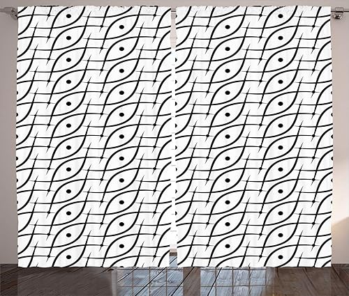 Ambesonne Geometric Curtains, Trippy Linked Leaf Shaped with Dots and Spots Mini