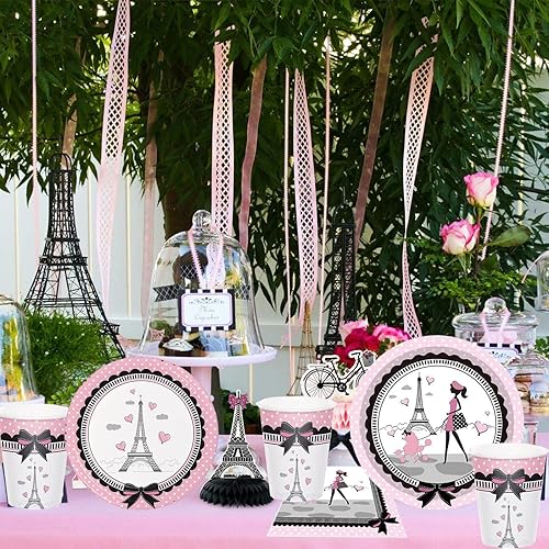 Miniatura 3 de Juego de vajilla de París de 65 piezas para fiesta de París, decoración temática de París, Torre Eiffel, para baby shower, cumpleaños, suministros