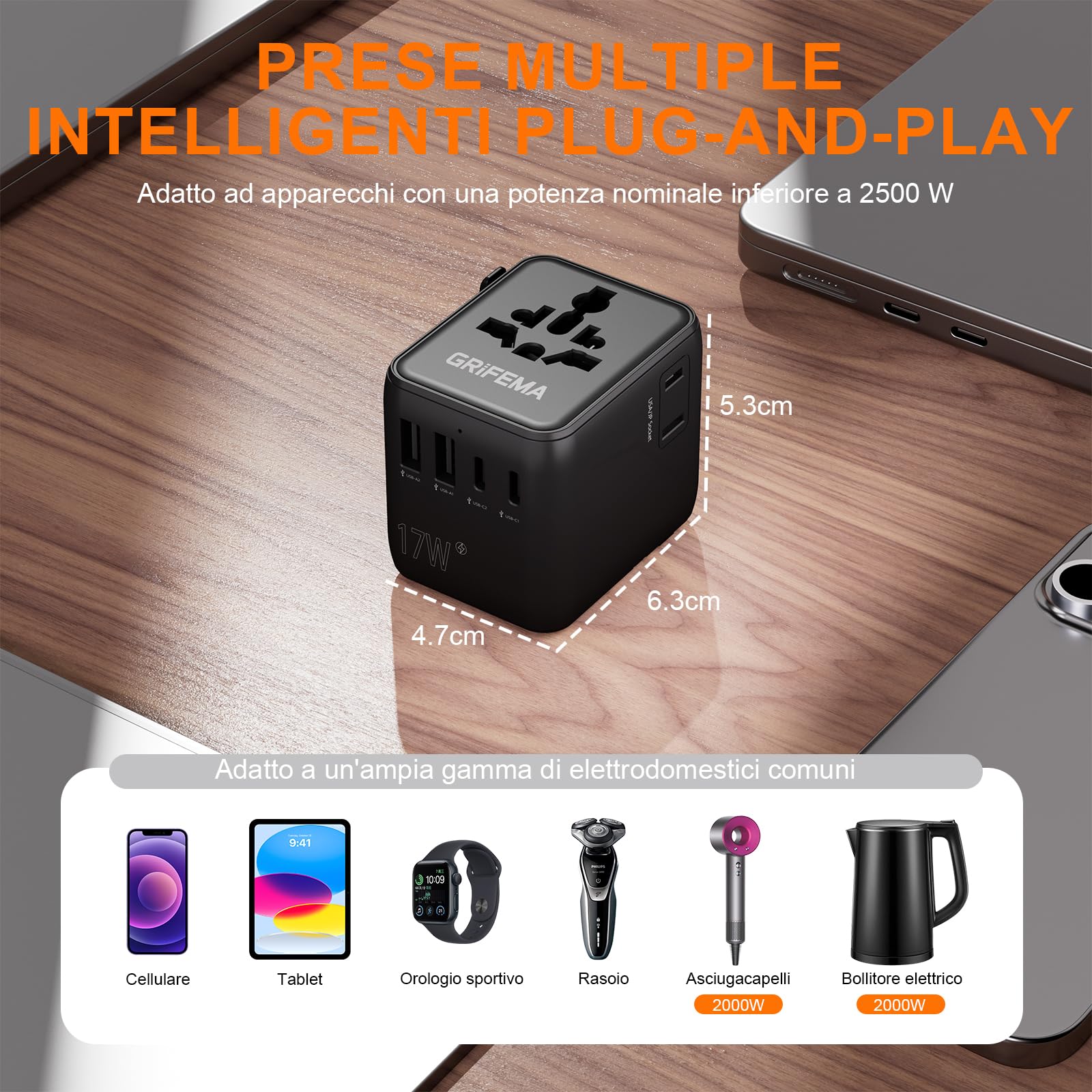 GRIFEMA Adattatore universale da viaggio 6 in 1 — immagine 9 di 11