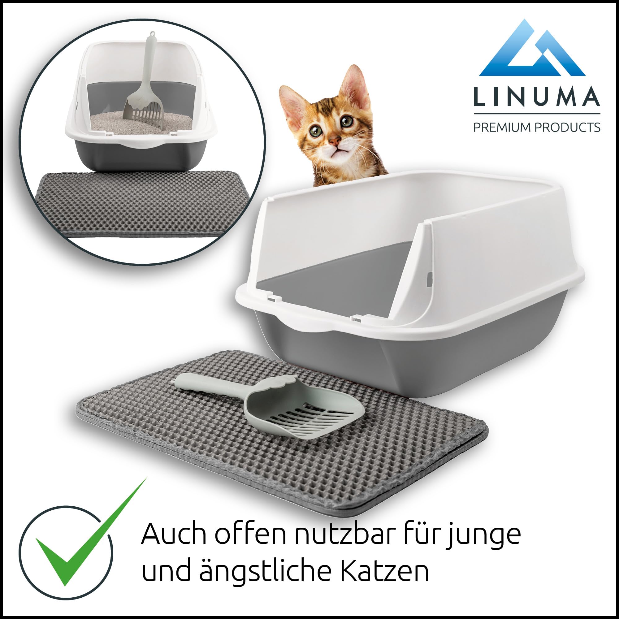 Katzenklo geschlossen und offen mit Deckel – Große Katzentoilette mit hohem Rand, Streumatte, Aktivkohlefilter & Schaufel – Leicht zu reinigen für Katzen (Grau) Katze