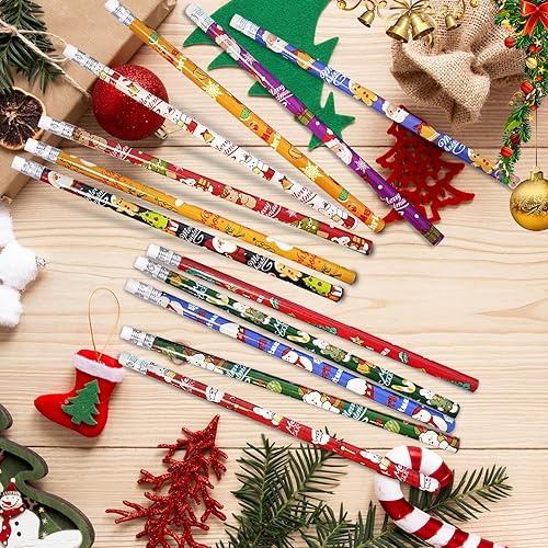 Miniatura 7 de emzrivo 24 lápices de Navidad con borrador, lápices de madera de Navidad, muñeco de nieve, Papá Noel y alce, lápices surtidos de papelería de
