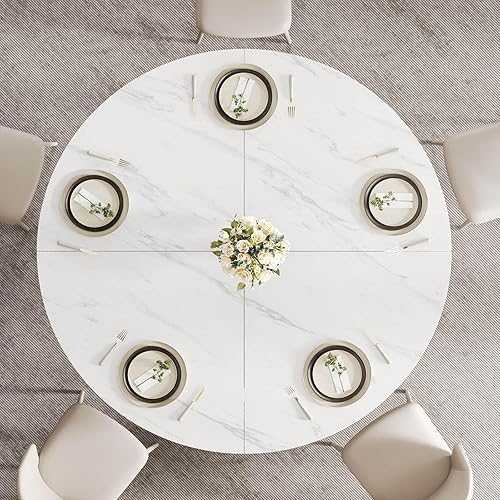 Miniatura 6 de LVB Mesa de comedor redonda de mármol sintético blanco, mesa de comedor circular para 4-6 personas, mesa de comedor con pedestal de mediados de