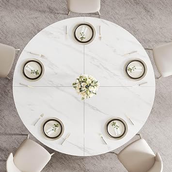 LVB White Faux Marble Round Dining Table, Circle Dining Table Kitchen 4-6 People, Mid-Century Pedestal Dinner Office Living Room, White Marble, 51 Inch