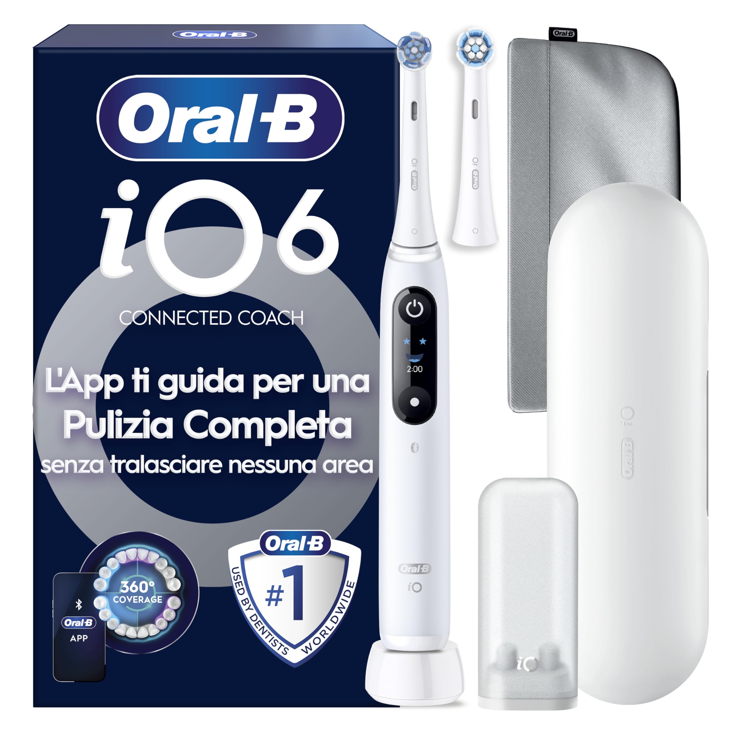Oral-B iO 6 Spazzolino Elettrico, 2 Testine di Ricambio, Astuccio, Bianco