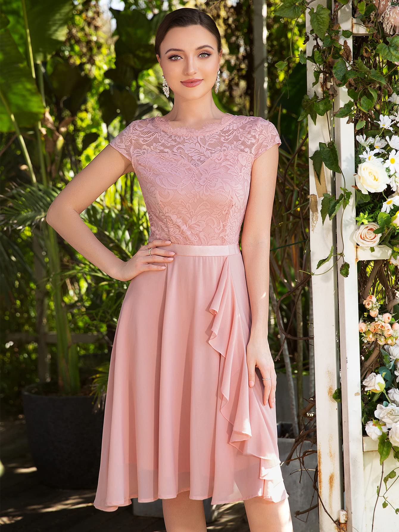 Neeno Women's Dresses Solid Ruffle Trim Lace Dress Dress for Women (Color : Dusty Pink, Size : Medium) : Clothing, Shoes & Jewelry