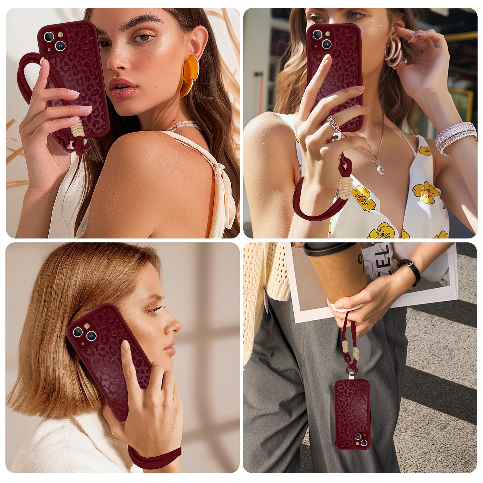 Yirlbey Cover per iPhone 15 6,1'' con Cordino, Aesthetic Gatto Motivo Disegno Bianco Silicone Case Corda con Regolabile Laccio Antiurto Antigraffio Bumper Protezione della Fotocamera Custodia