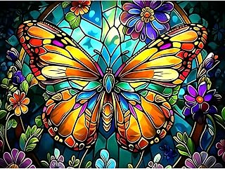 5D Round Diamond Painting Kit for Adults,Colorful Butterfly Diamond Art | Stained Glass Butterfly DIY Full Drill Paint by Diamonds Dot Gem Art for beginners,Home Wall Decor 12x16Inch