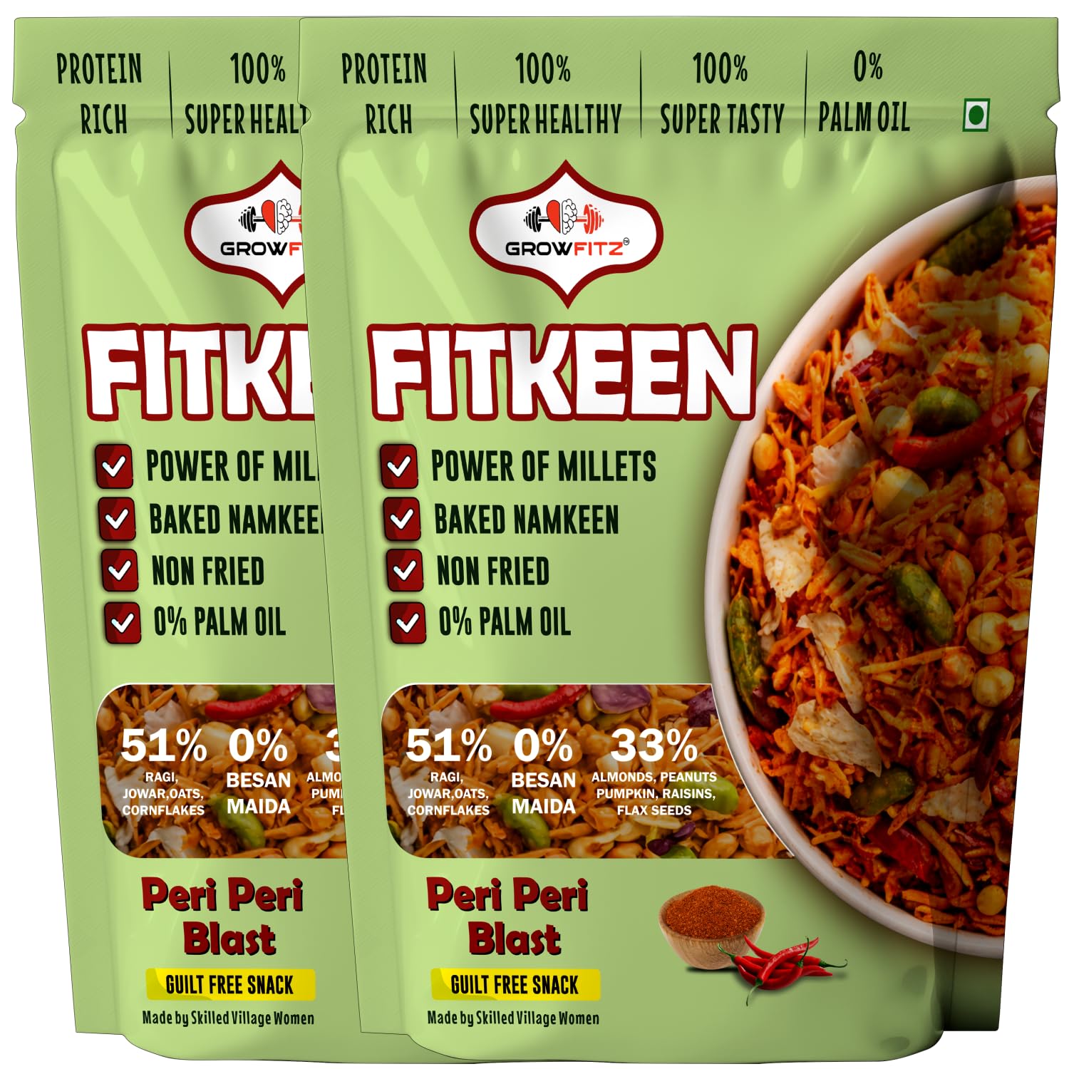 GROWFITZ Baked Namkeen Mixture 200g | Peri Peri Flavor | Non-Fried Millet Snack | 0% Palm Oil | 12.4g High Protein | Healthy Tea-Time Snack (200gram - Pack of 2, Peri Peri Spicy)