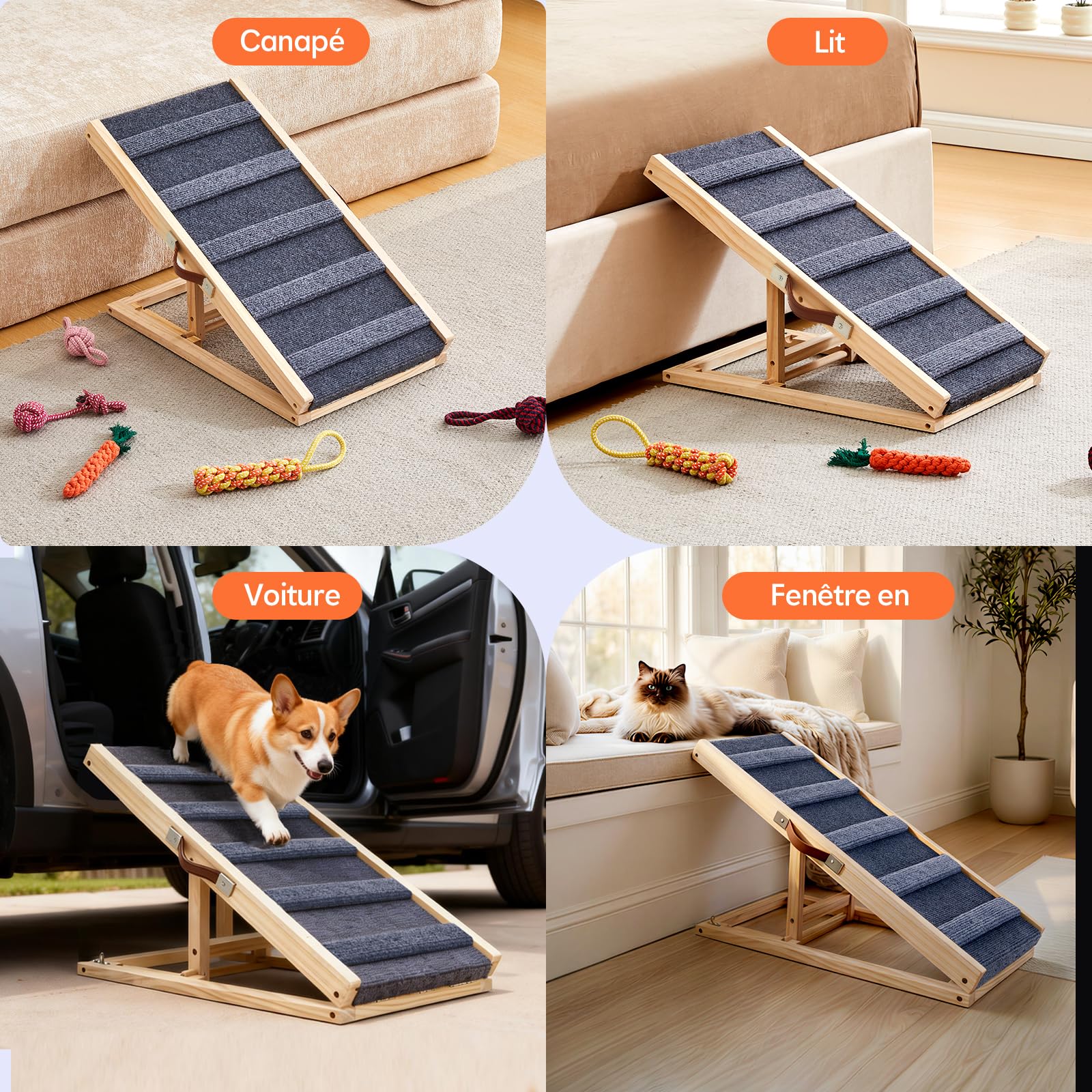 TUKAILAI Rampe pour Chien en Bois Massif, Hauteur Réglable Pliable