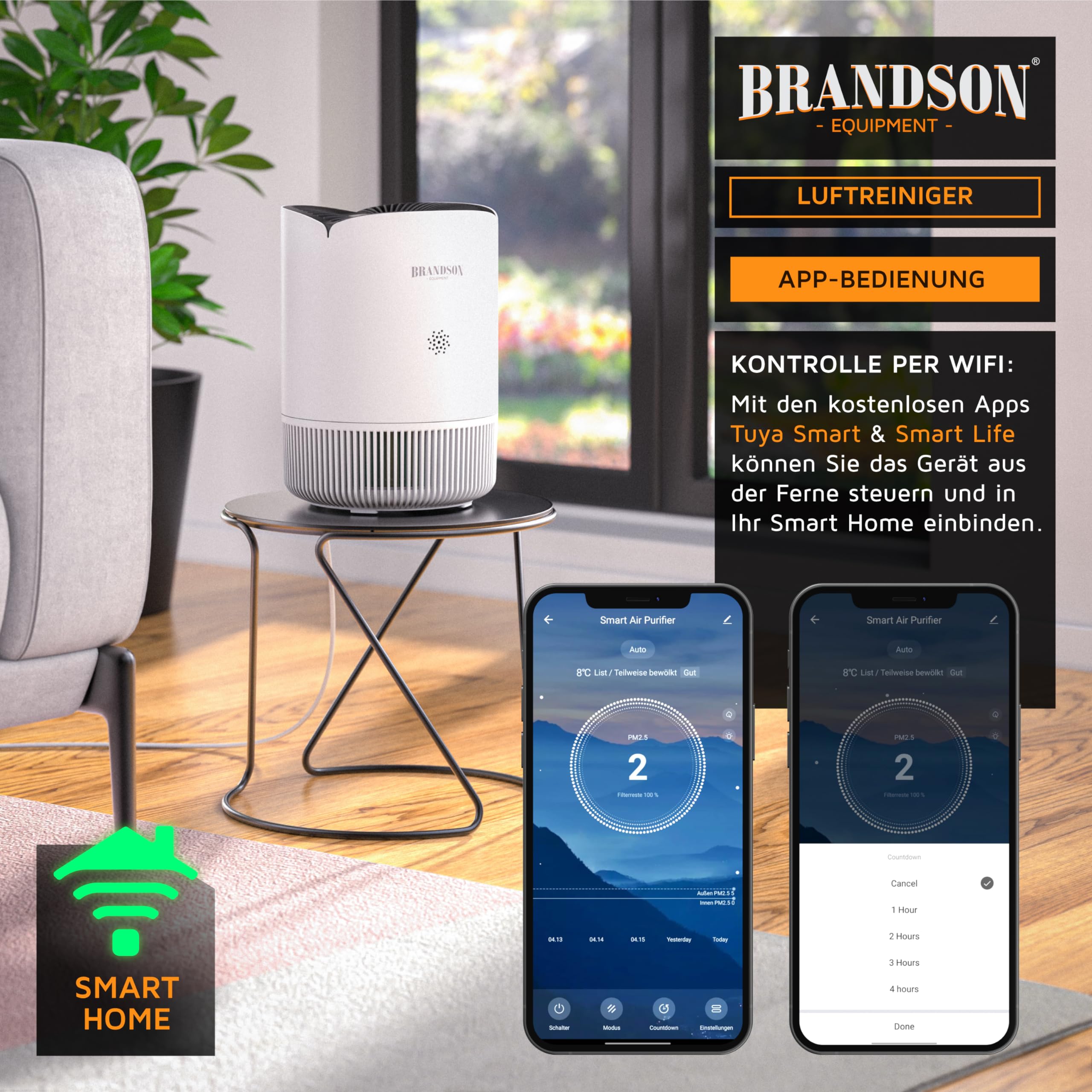 Brandson - Luftreiniger Allergiker WLAN - CADR 158 m³/h 50 m² - Air Purifier - Preisträger 2025 - Smart Home mit App - 4 Filter HEPA Aktivkohle – Tierhaare Pollen Staub Schimmel Viren Raucherzimmer