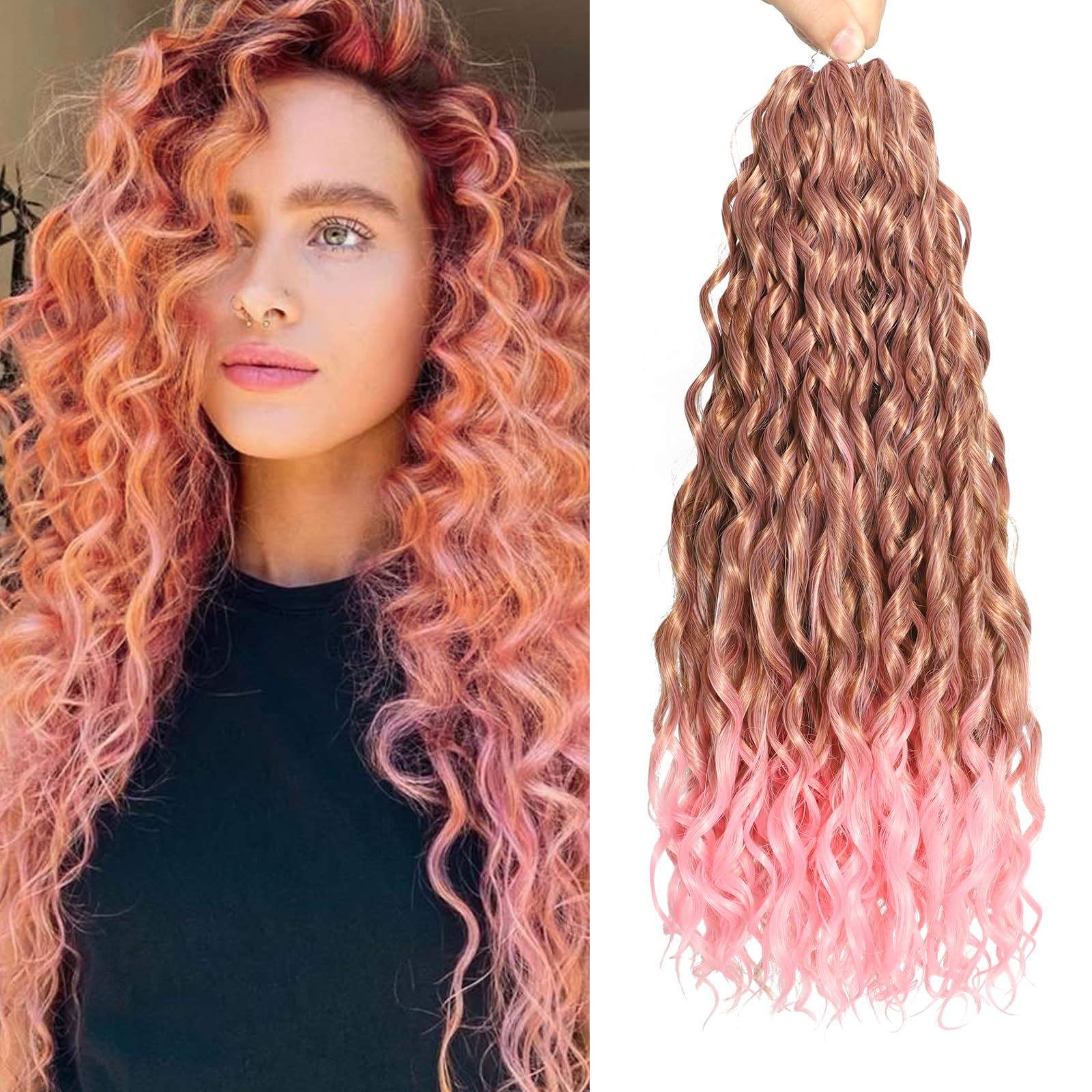 FANWYFYU 6Packs Deep Wavy Twist Crochet Braids Hair 18Inch French Curly Braiding Hair Pre-Looped Long Bohemian Crochet Hairs Water Wave Synthetic Curly Hair Extensions for Women and Girls (T30/pink)